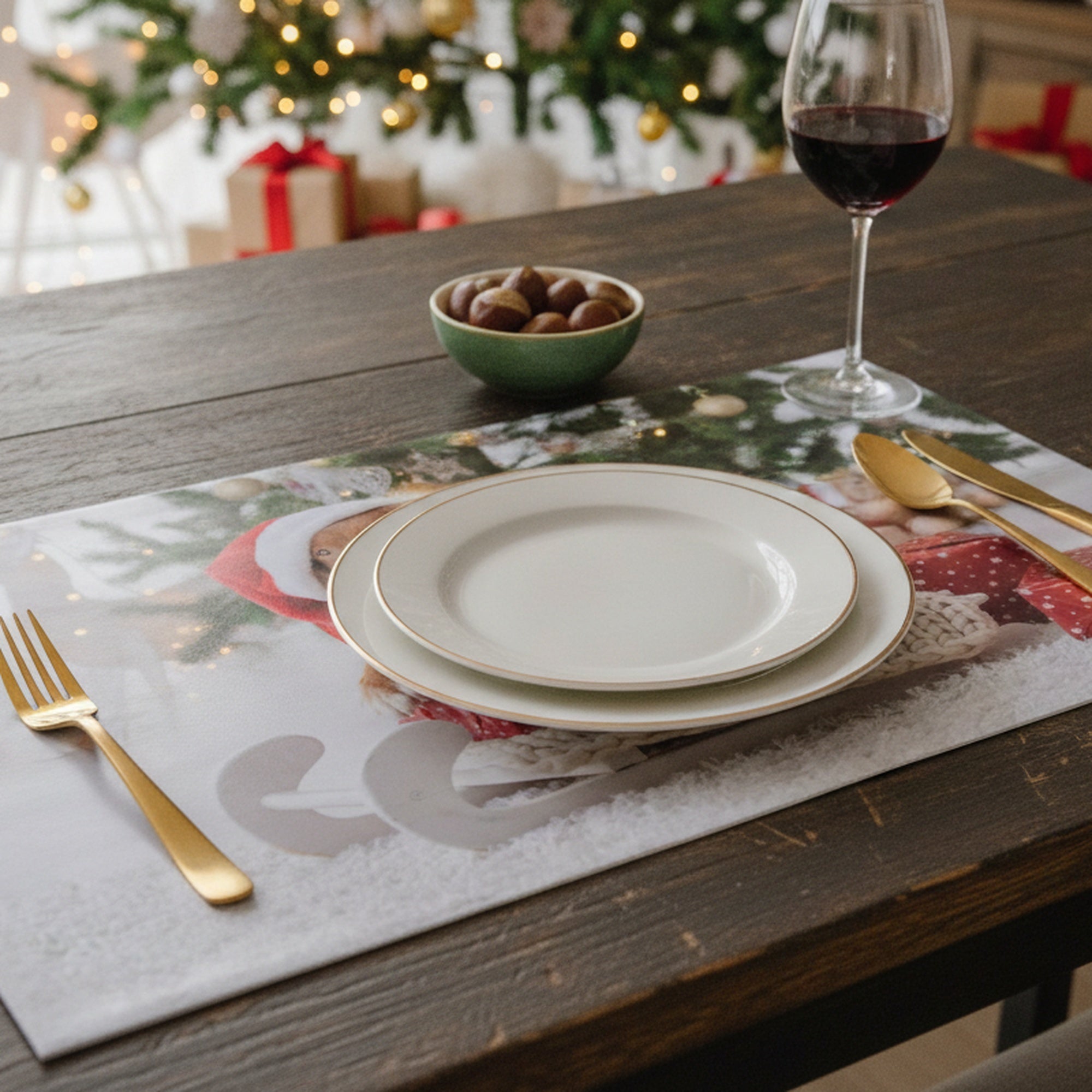 Plastic Placemat Dog with Santa Hat, Christmas, Placemat, Holiday Decor- Set of 12