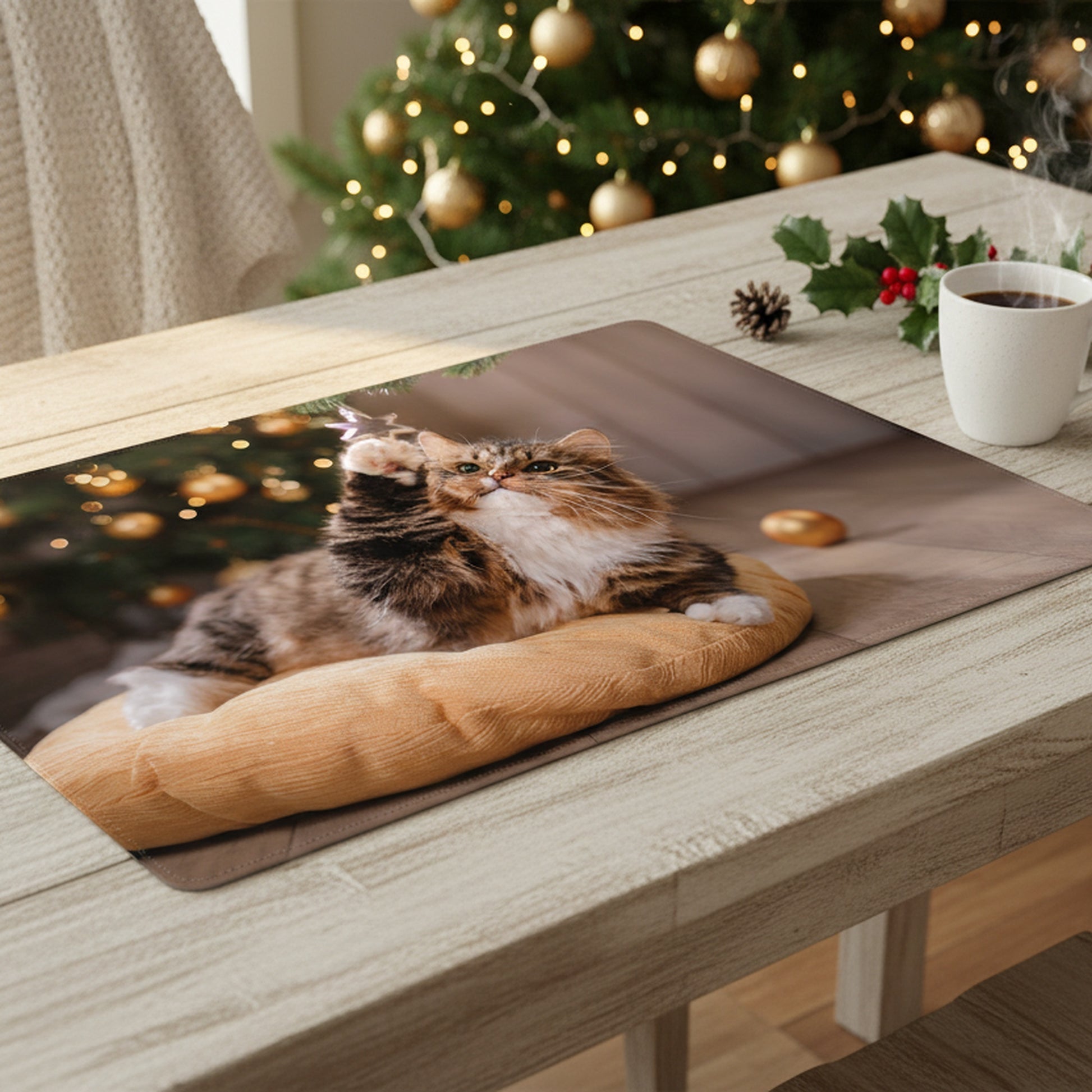 Plastic Placemat Cat Playing with Ornament, Placemat, Holiday Decor- Set of 12
