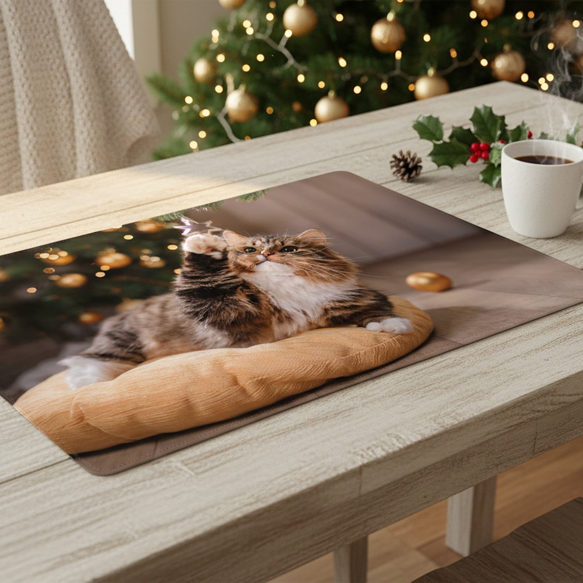 Plastic Placemat Cat Playing with Ornament, Placemat, Holiday Decor- Set of 12