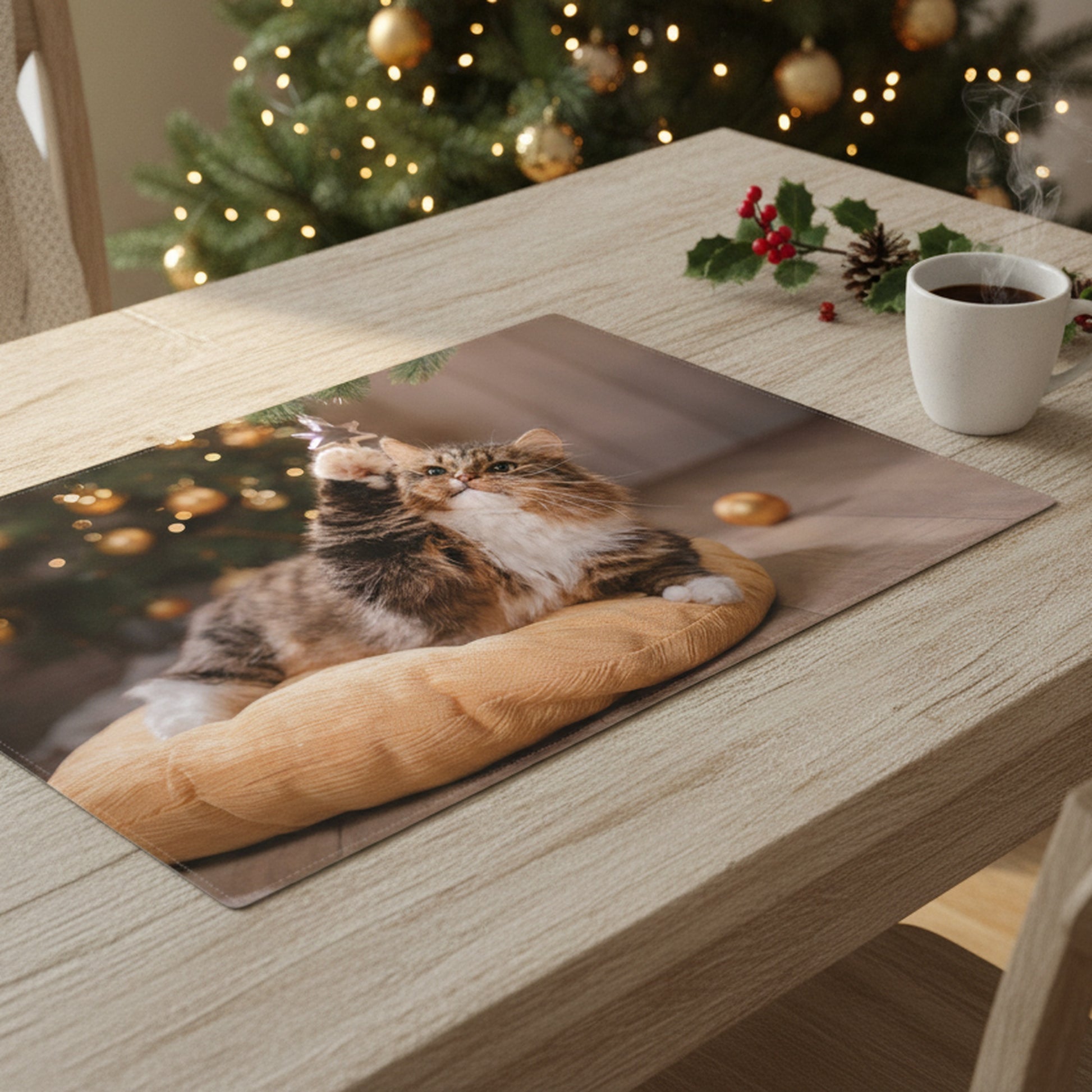Plastic Placemat Cat Playing with Ornament, Placemat, Holiday Decor- Set of 12