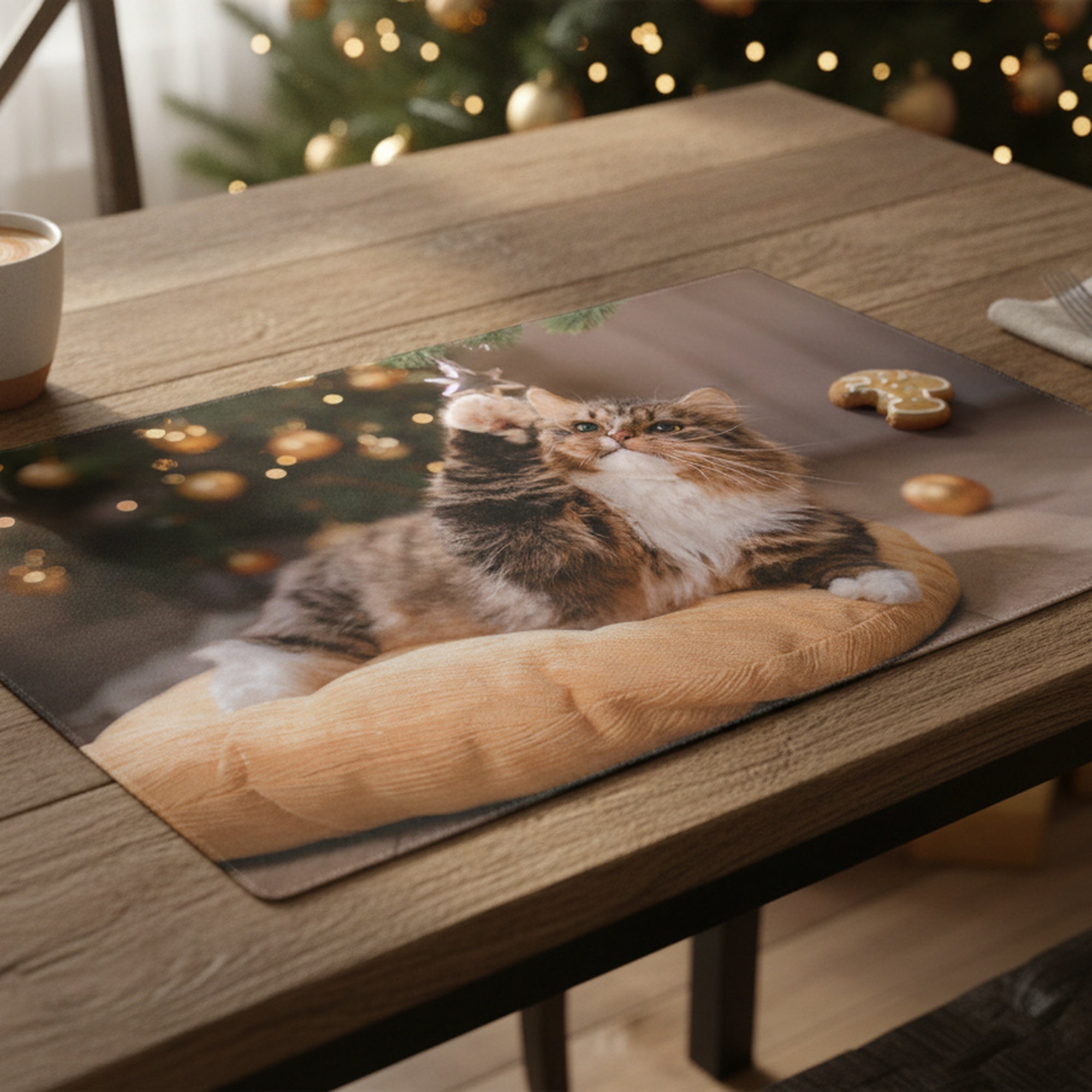 Plastic Placemat Cat Playing with Ornament, Placemat, Holiday Decor- Set of 12