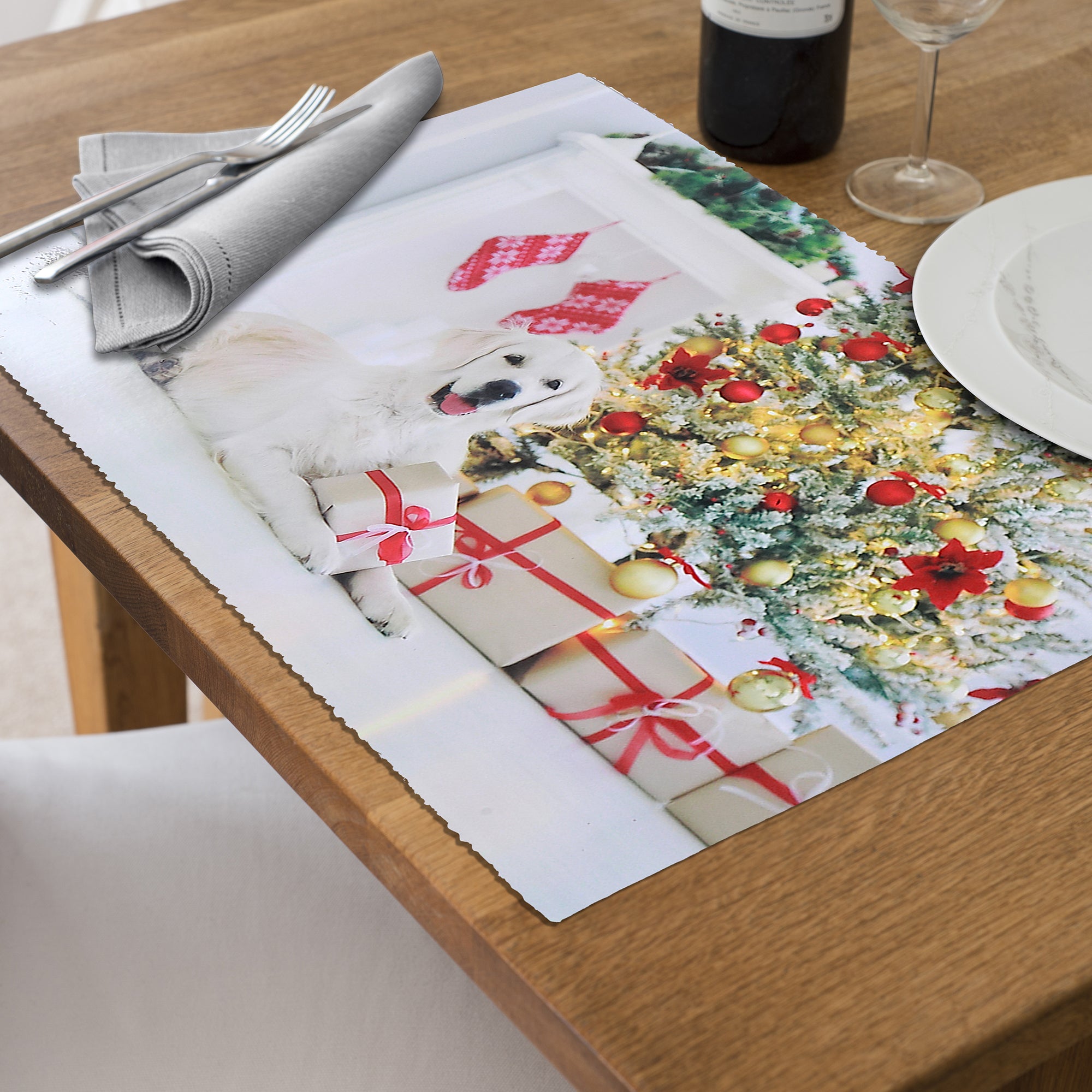 Dog with Present Plastic Christmas Placemat Set of 12 – Holiday Table Decor