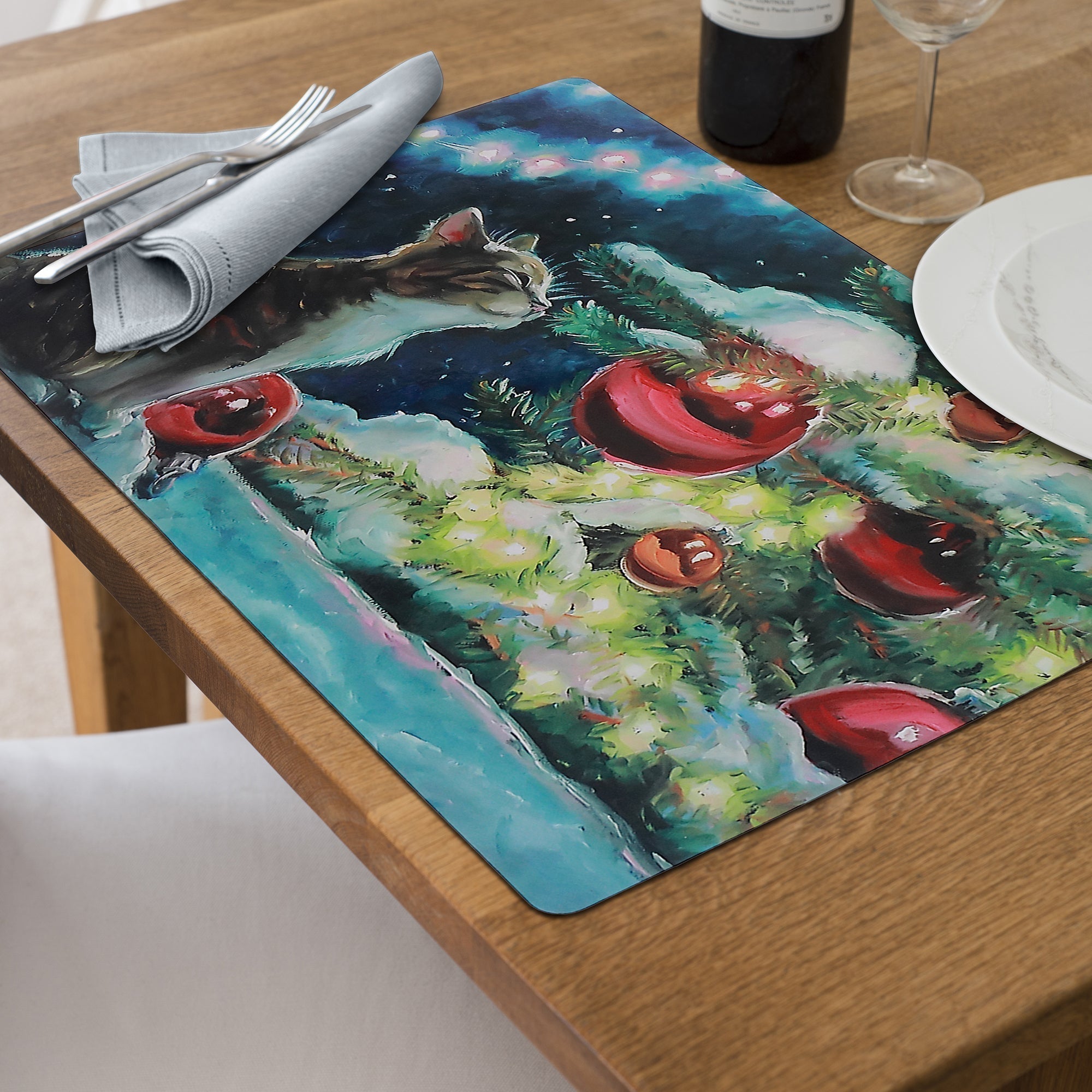Night Cat Plastic Christmas Placemat Set of 12 – Holiday Table Decor