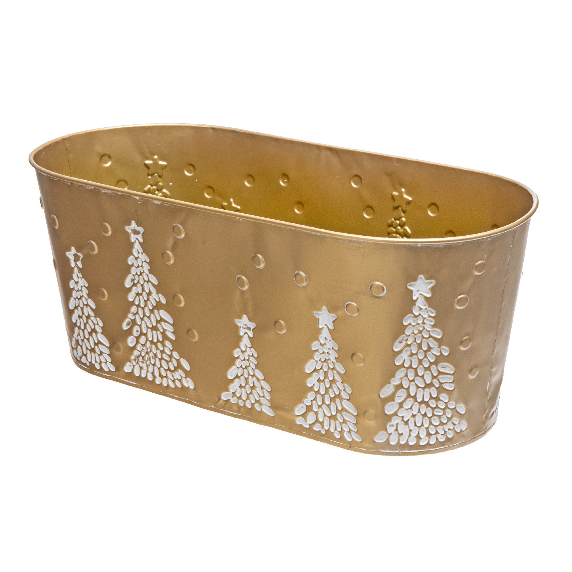 Metal Gold Embossed Tree Oval Planter 15 Inch Decorative Plant Pot