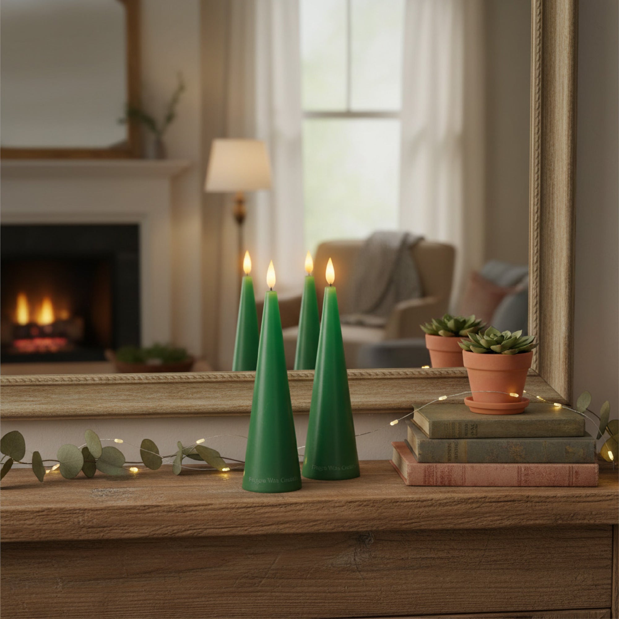 LED Unscented Cone Candle with Timer Green 2.4" X 6", Holiday Decor- Set of 2