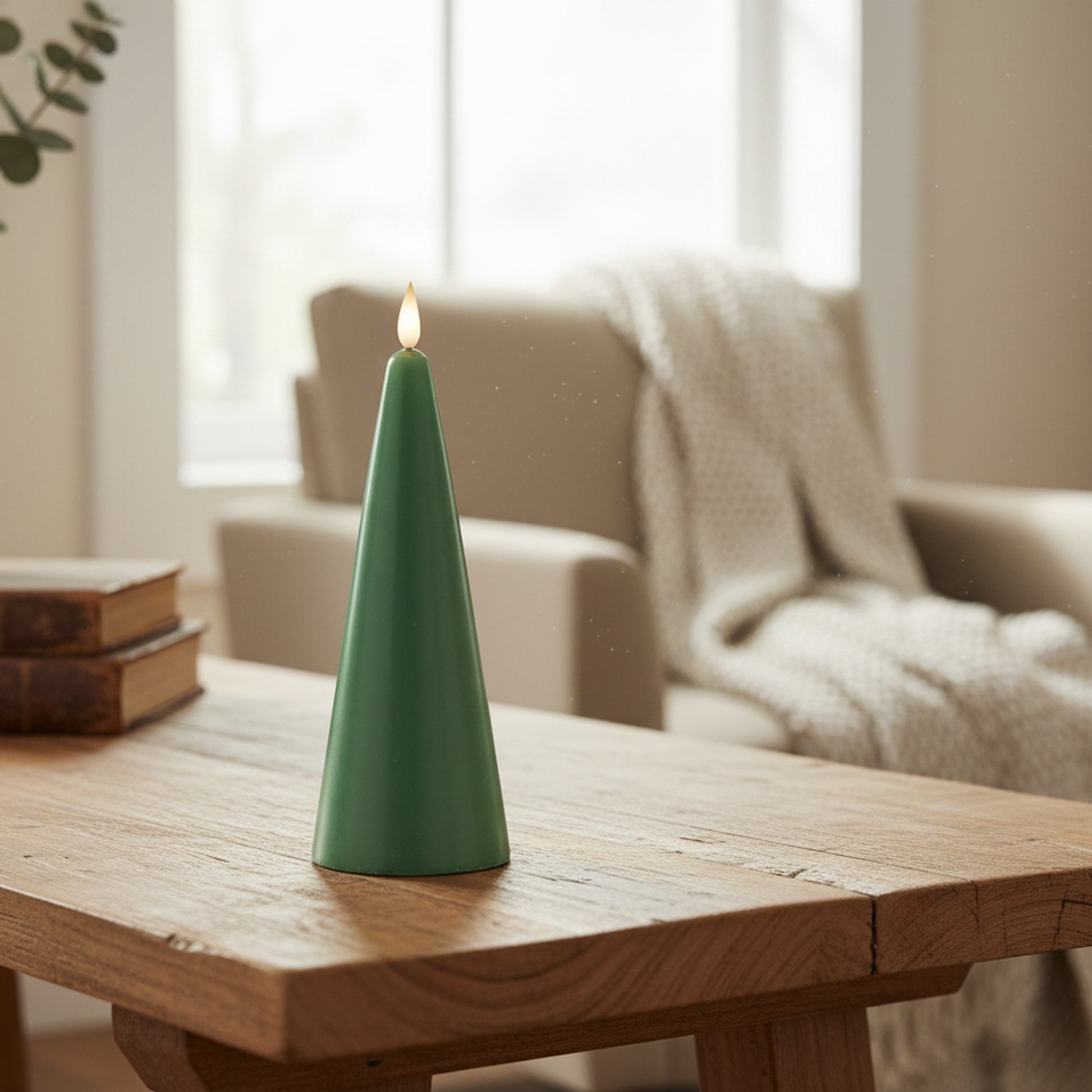 LED Unscented Cone Candle with Timer Green 2.4" X 6", Holiday Decor- Set of 2