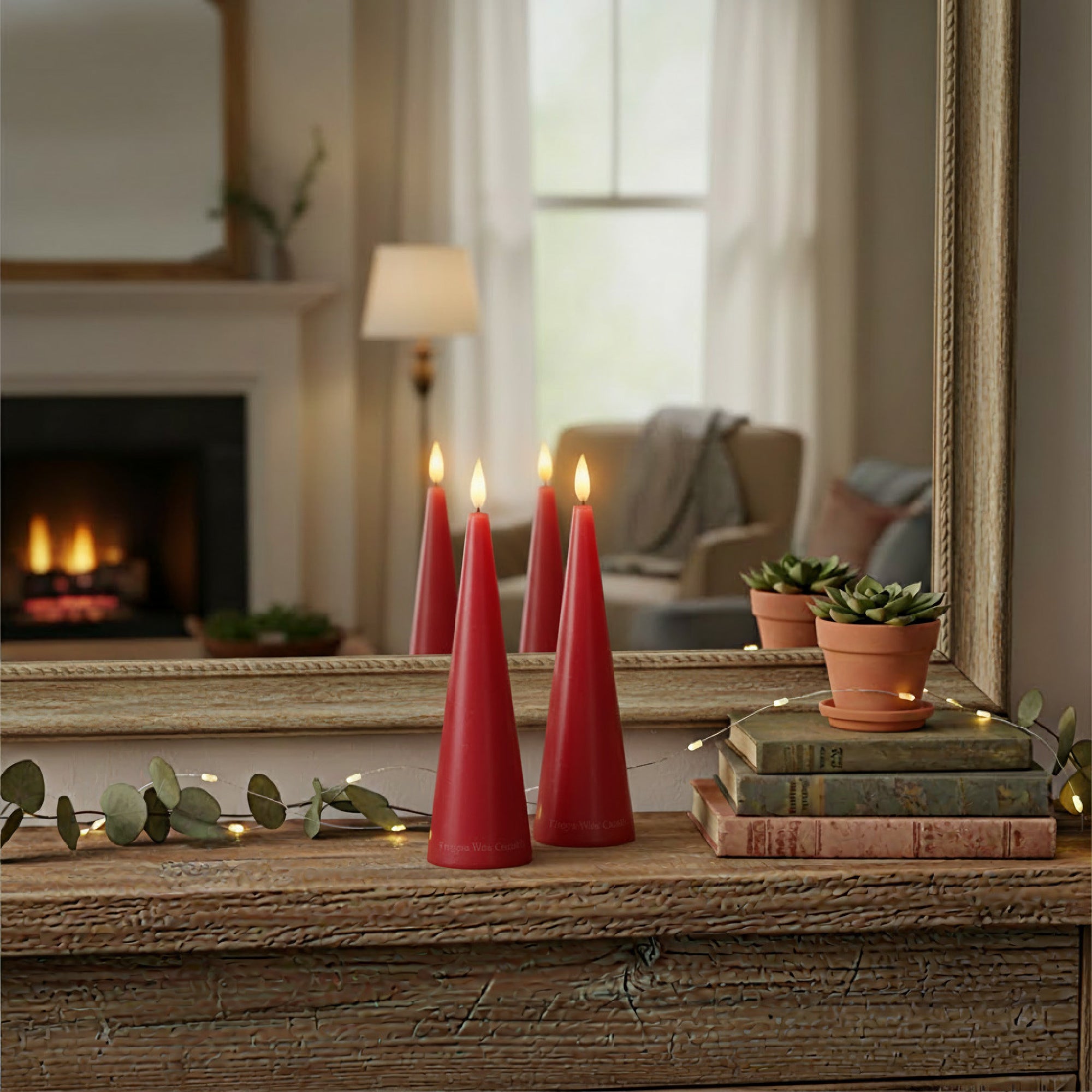 LED Unscented Cone Candle with Timer Red 2.4" X 6", Holiday Decor- Set of 2