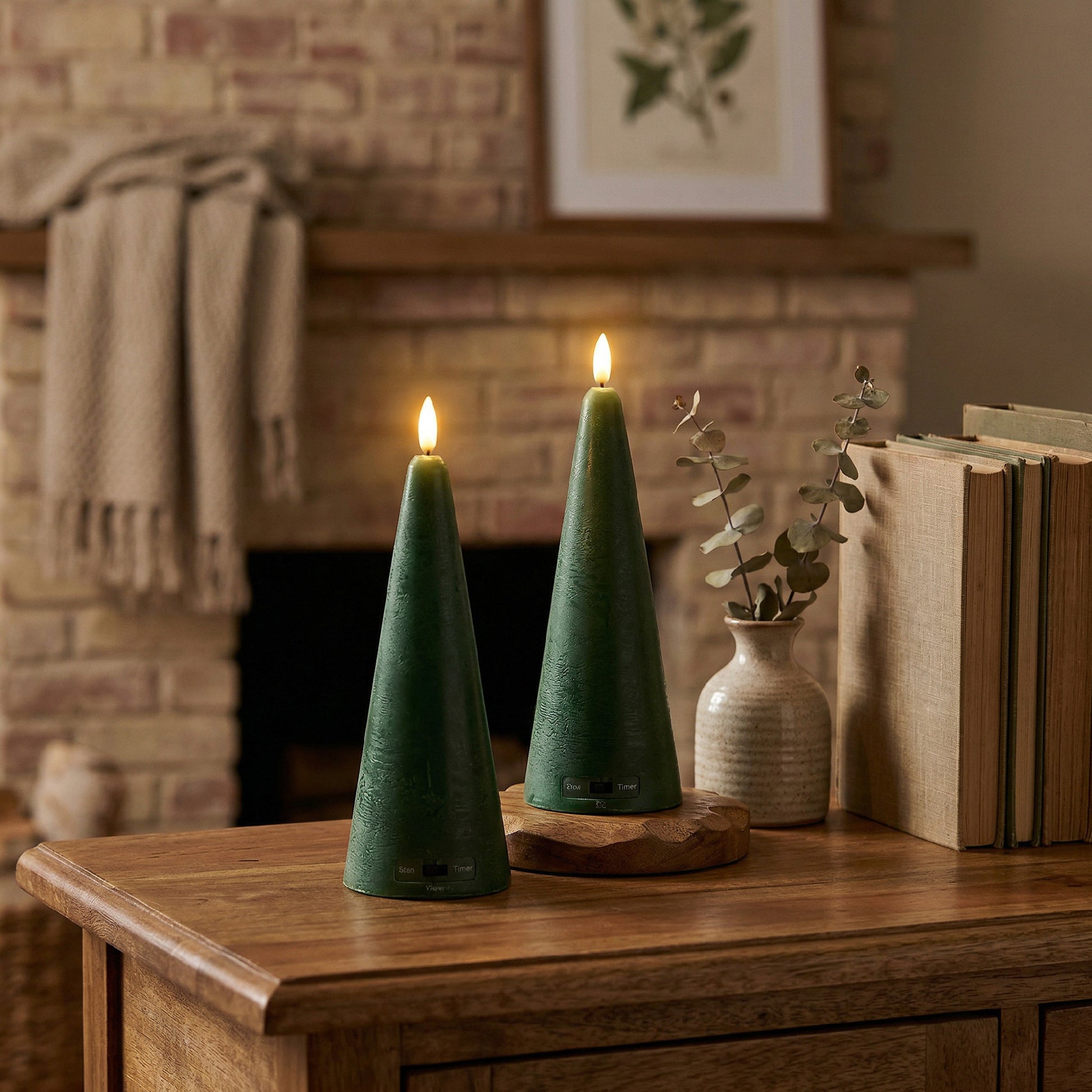 LED Unscented Cone Candle with Timer Green 2.6" X 8", Holiday Decor- Set of 2