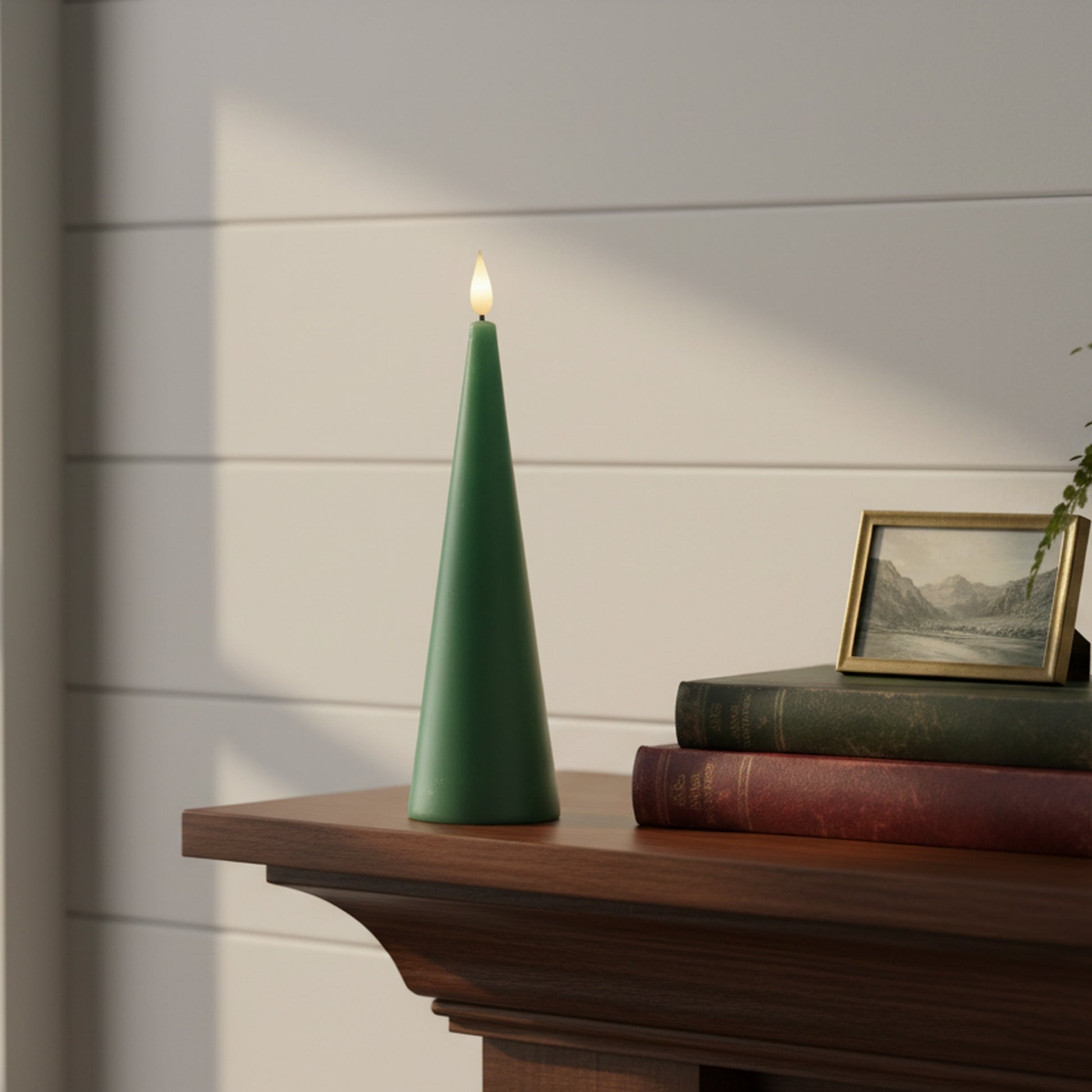 LED Unscented Cone Candle with Timer Green 2.6" X 8", Holiday Decor- Set of 2