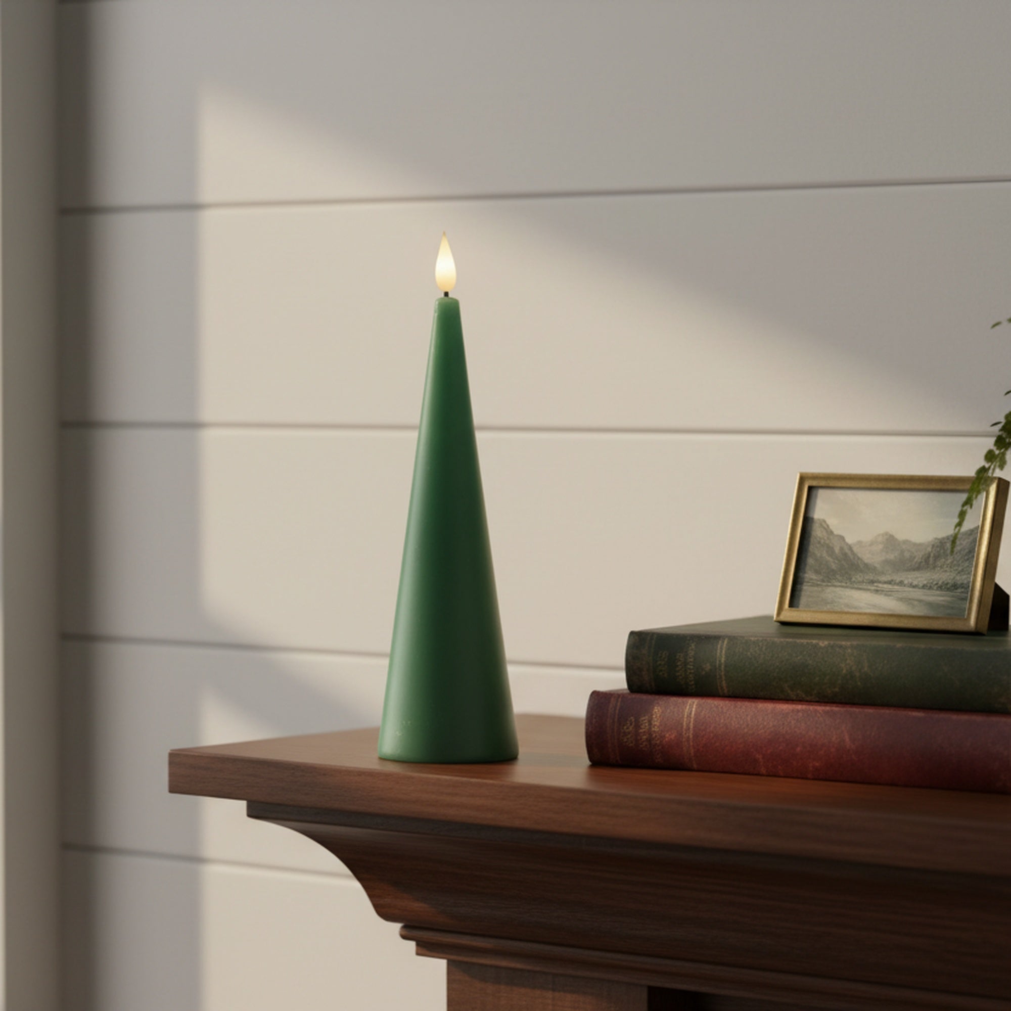 LED Unscented Cone Candle with Timer Green 2.6" X 8", Holiday Decor- Set of 2