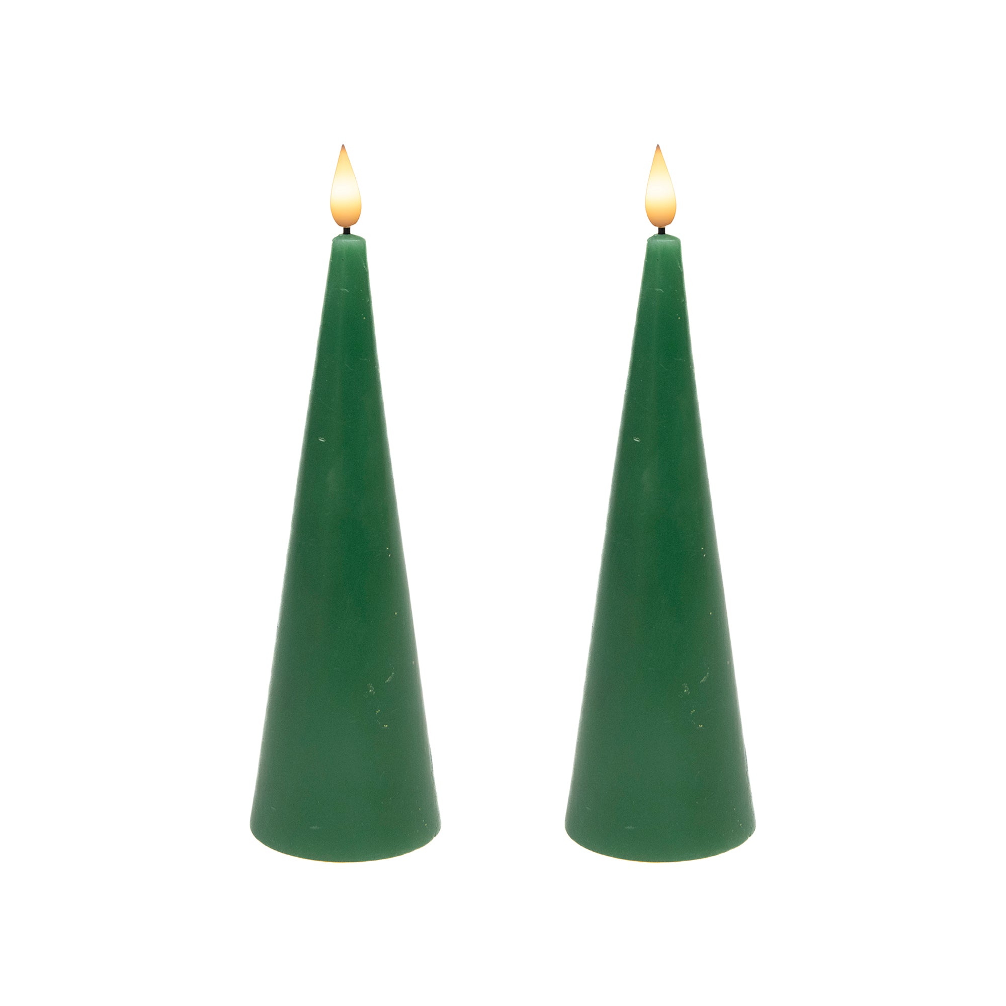 LED Unscented Cone Candle with Timer Green 2.6" X 8", Holiday Decor- Set of 2