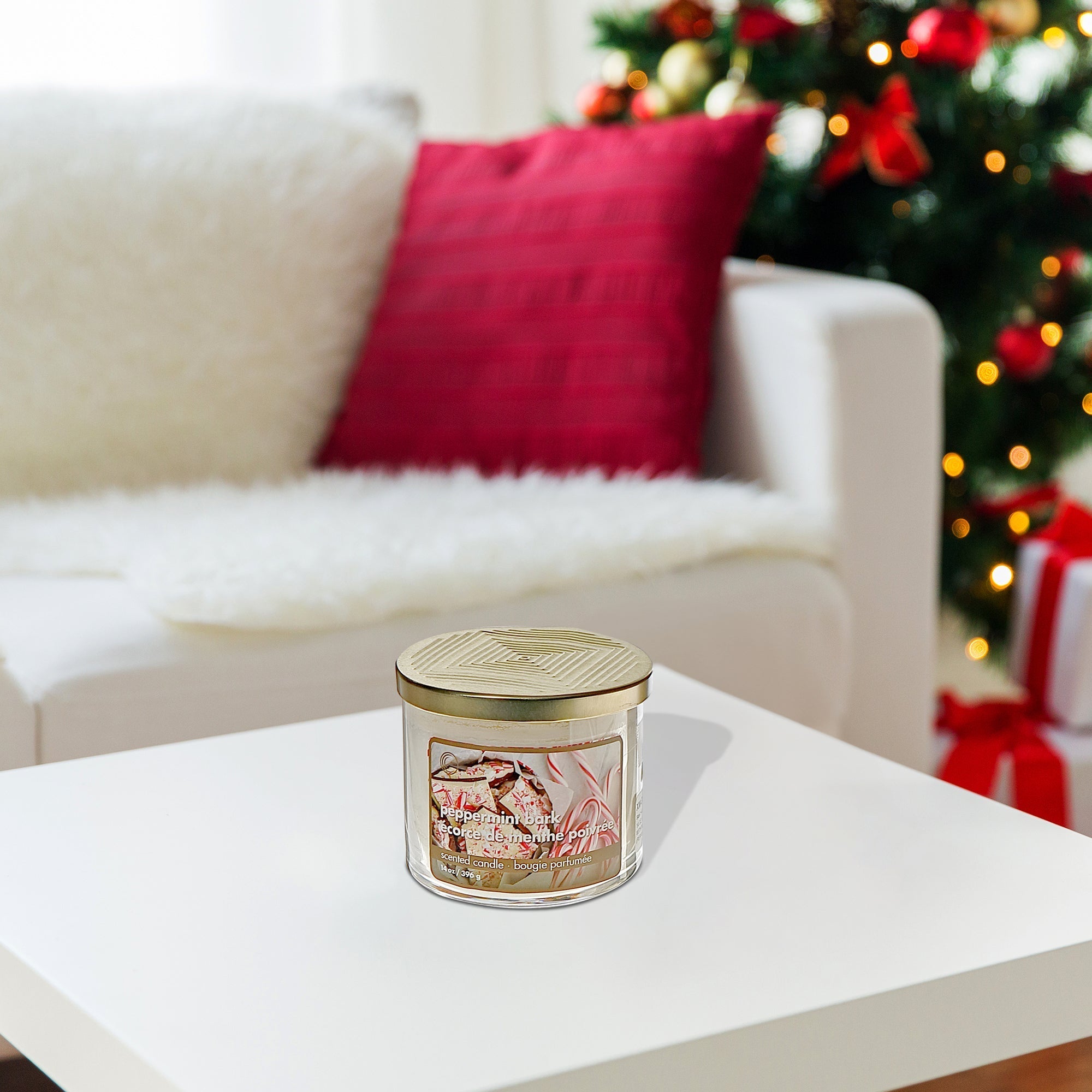 14 Oz Three Wick Jar Candle with Metal Lid Peppermint Bark Fragrance - Set of 2, Holiday Candle, Christmas Decor, Festive Table Accent