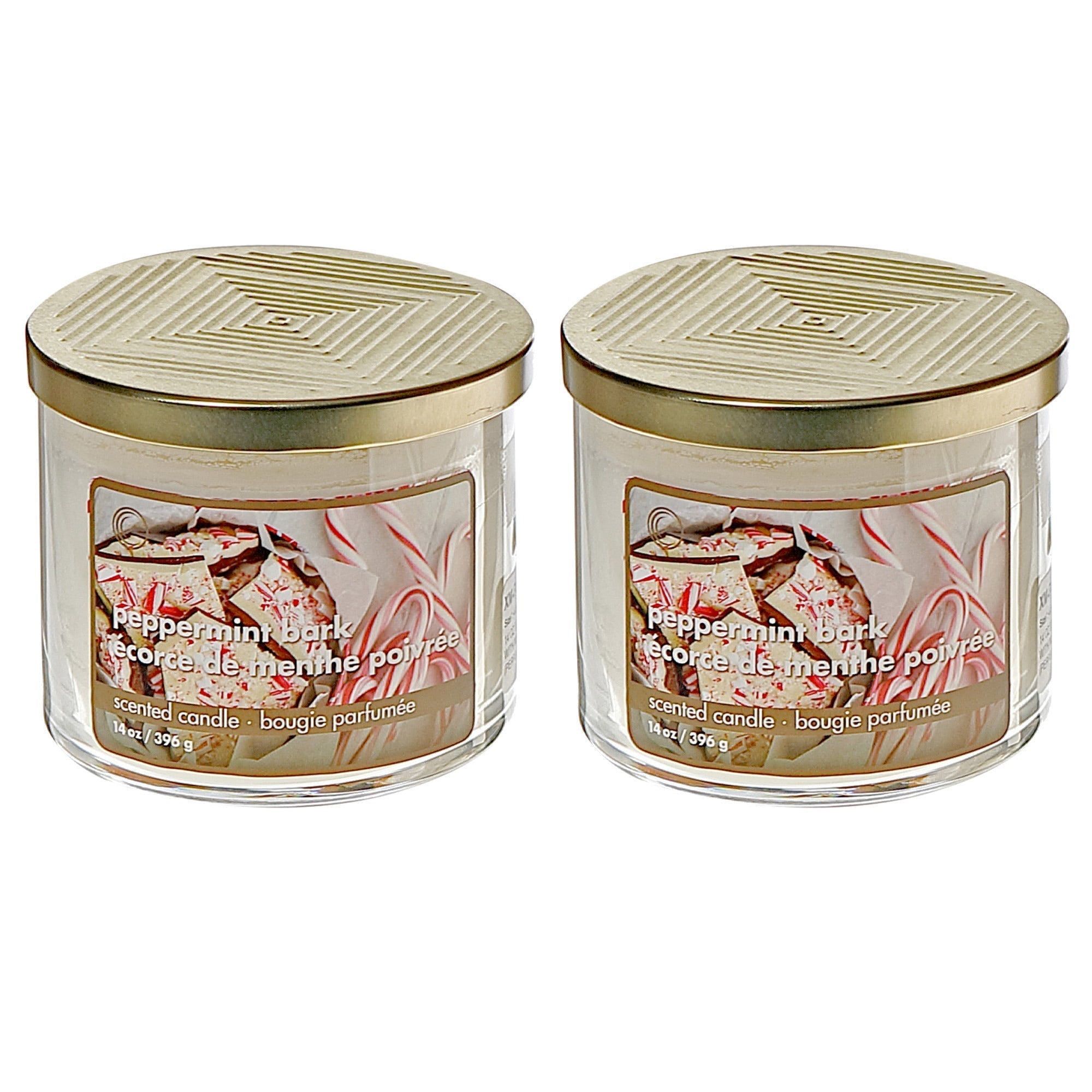 14 Oz Three Wick Jar Candle with Metal Lid Peppermint Bark Fragrance - Set of 2, Holiday Candle, Christmas Decor, Festive Table Accent