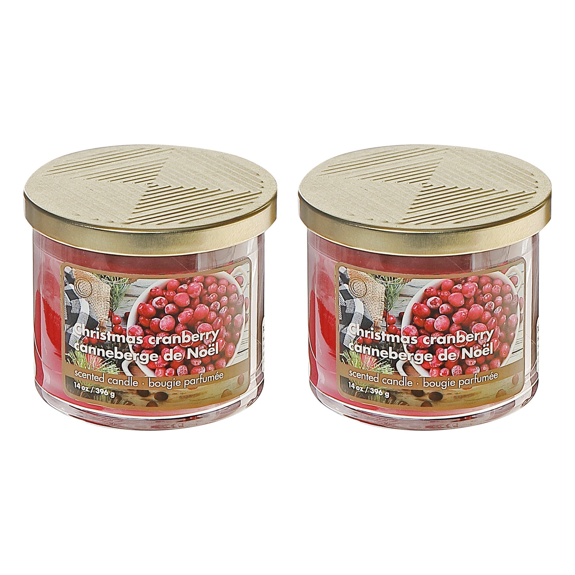 14 Oz Three Wick Jar Candle with Metal Lid Christmas Cranberry Fragrance - Set of 2, Holiday Candle, Christmas Decor, Festive Table Accent