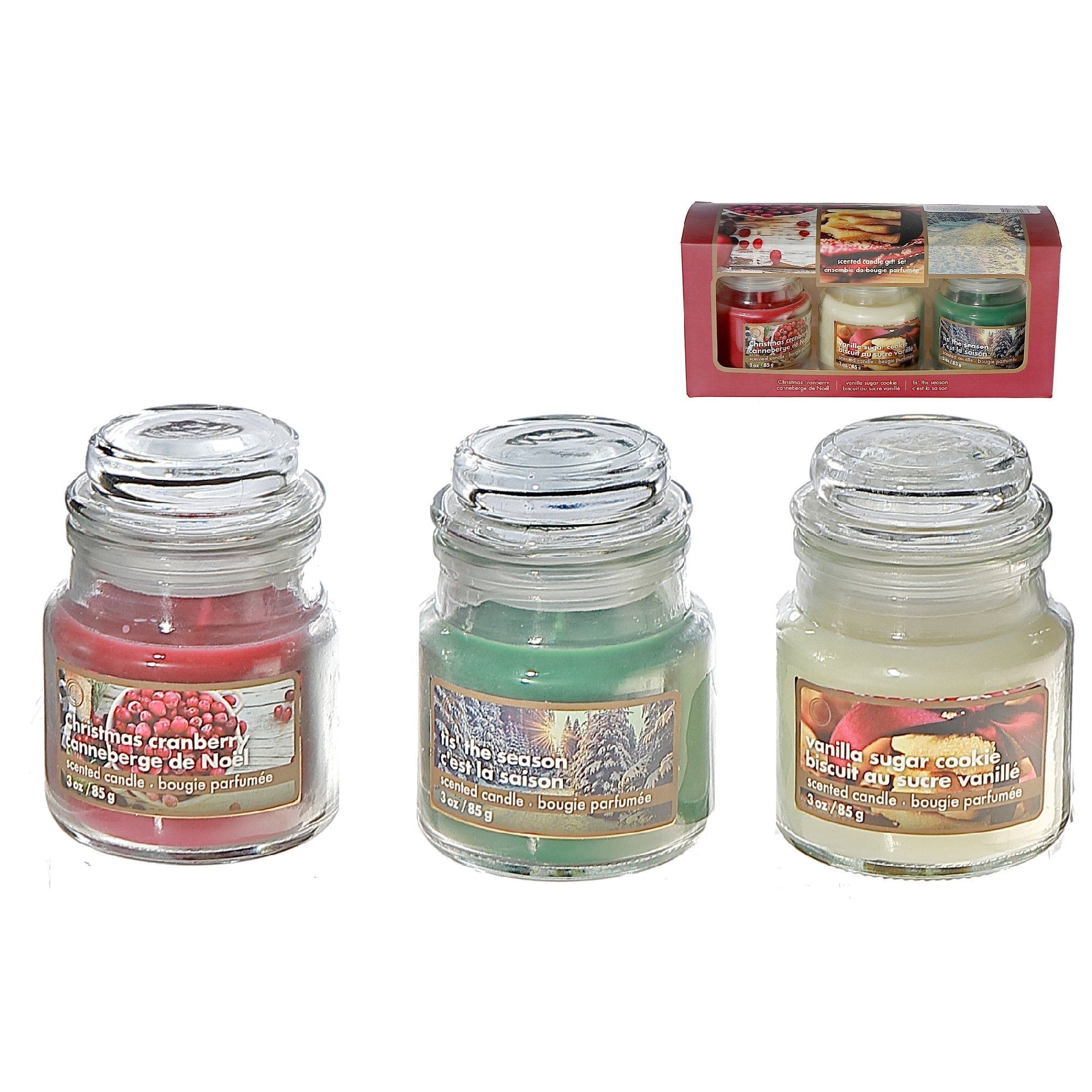 Three Pack Assorted 3 oz Scented Glass Jar Candle Gift Set, Christmas Candle, Holiday Fragrance, Festive Gift Set