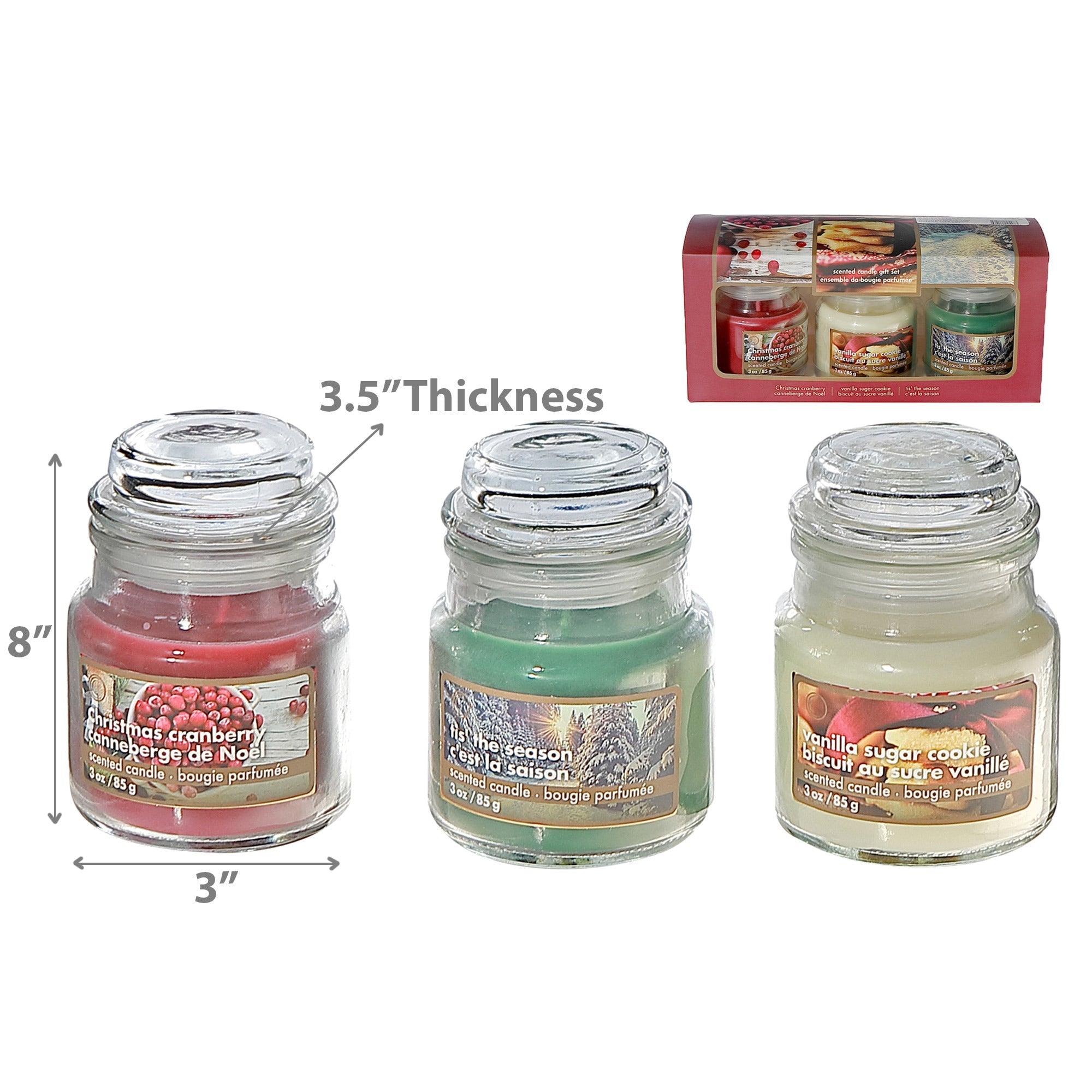 Three Pack Assorted 3 oz Scented Glass Jar Candle Gift Set, Christmas Candle, Holiday Fragrance, Festive Gift Set