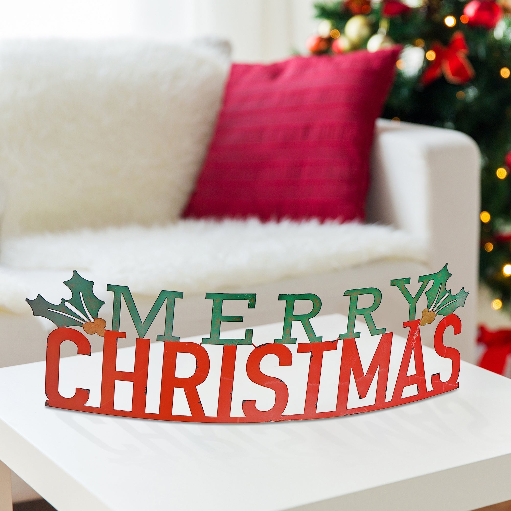 Curved Metal Table Sign Merry Christmas – Christmas Tabletop Decor, Holiday Decoration, Festive Seasonal Accent, Indoor Holiday Decoration