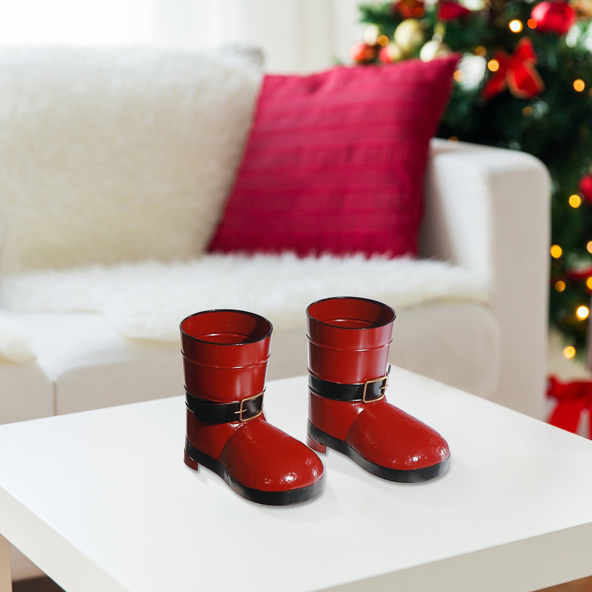 Red Metal Santa Boots Planter Set of 2 – Christmas Tabletop Planters, Holiday Home Accent, Festive Winter Decor