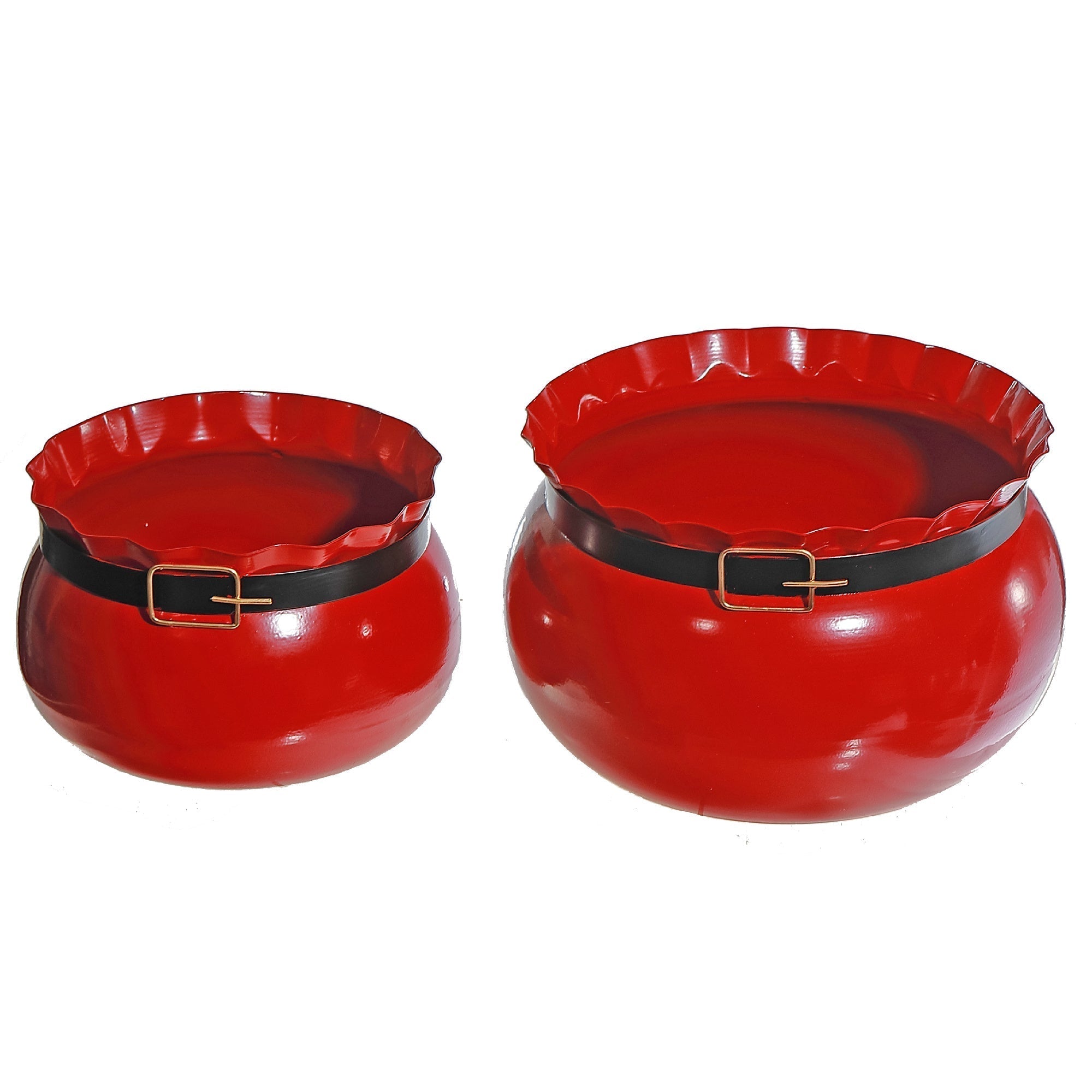 Red Metal Santa Belt Planter Set of 2 – Christmas Tabletop Planters, Holiday Home Accent, Festive Winter Decor