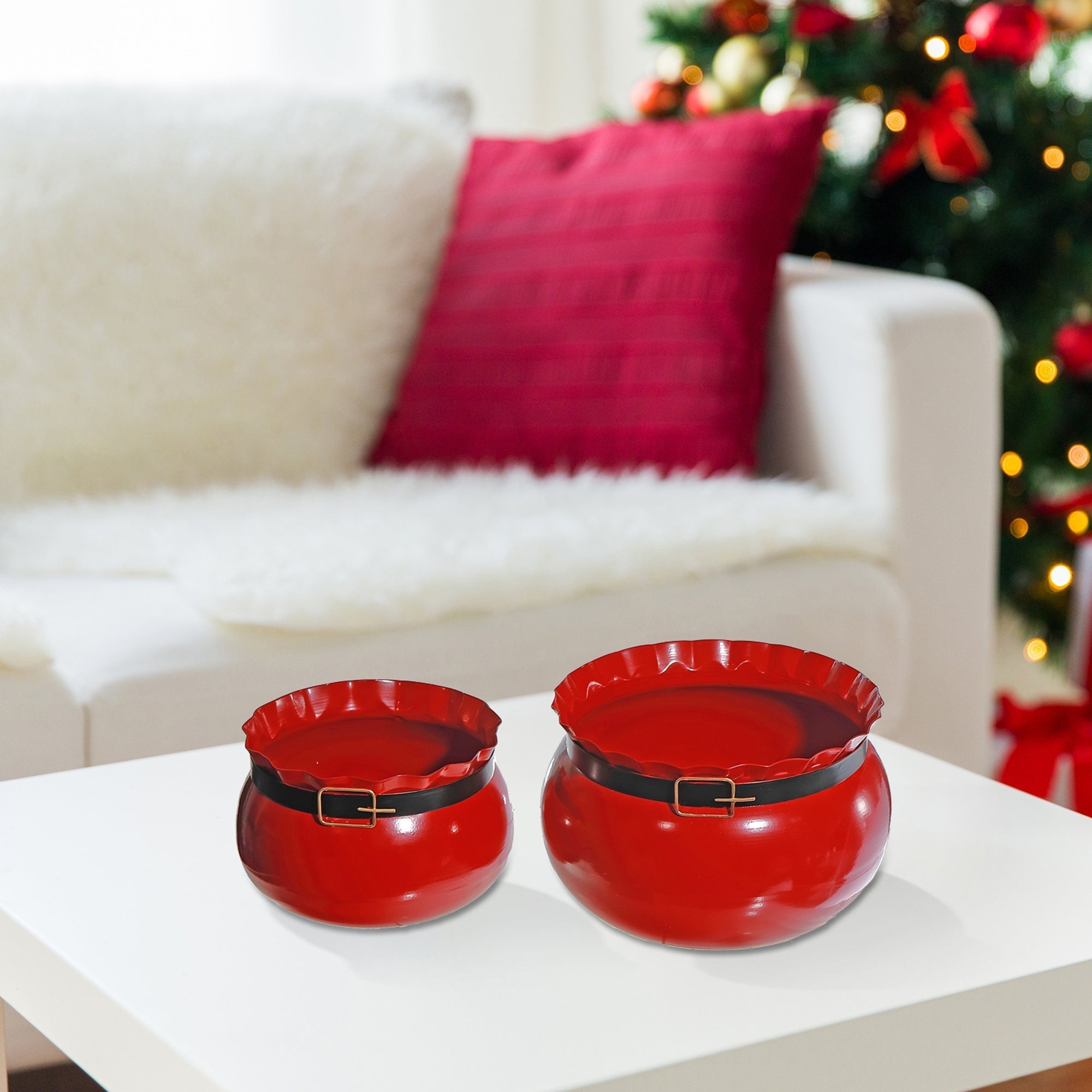 Red Metal Santa Belt Planter Set of 2 – Christmas Tabletop Planters, Holiday Home Accent, Festive Winter Decor