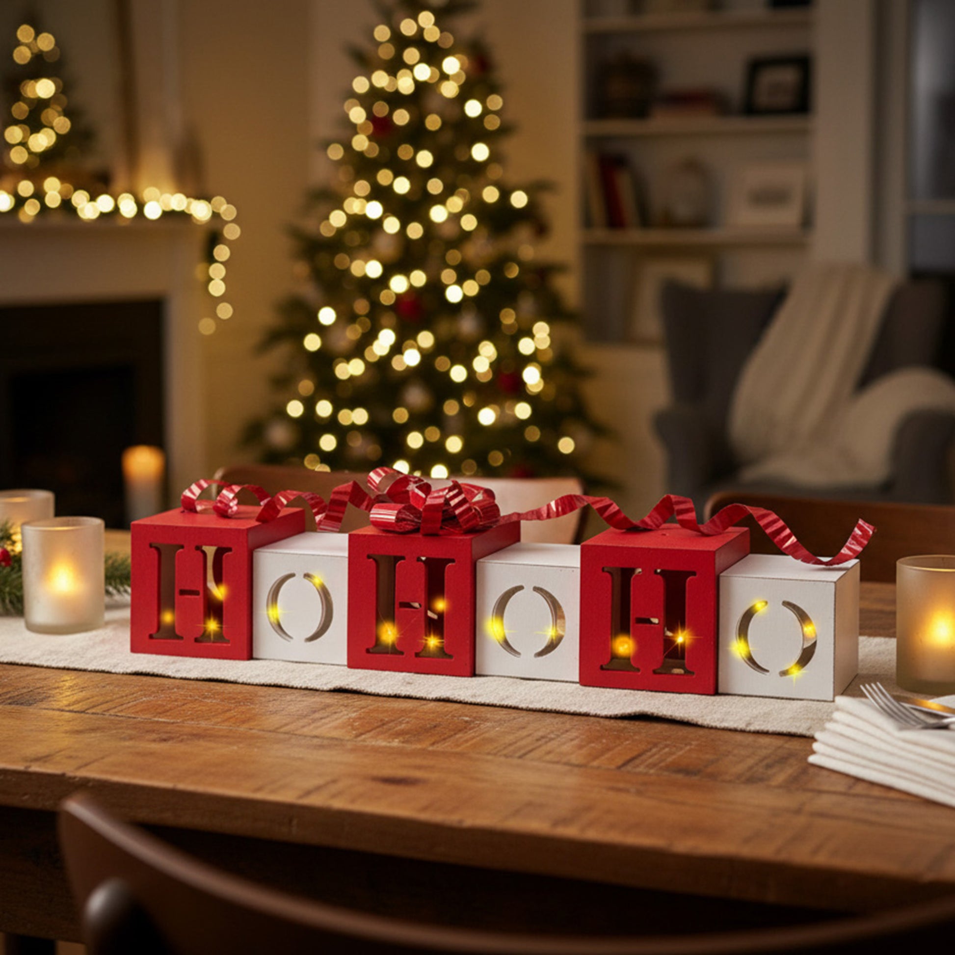 LED Red and White Wooden Decoration Ho Ho Ho, Holiday Decor