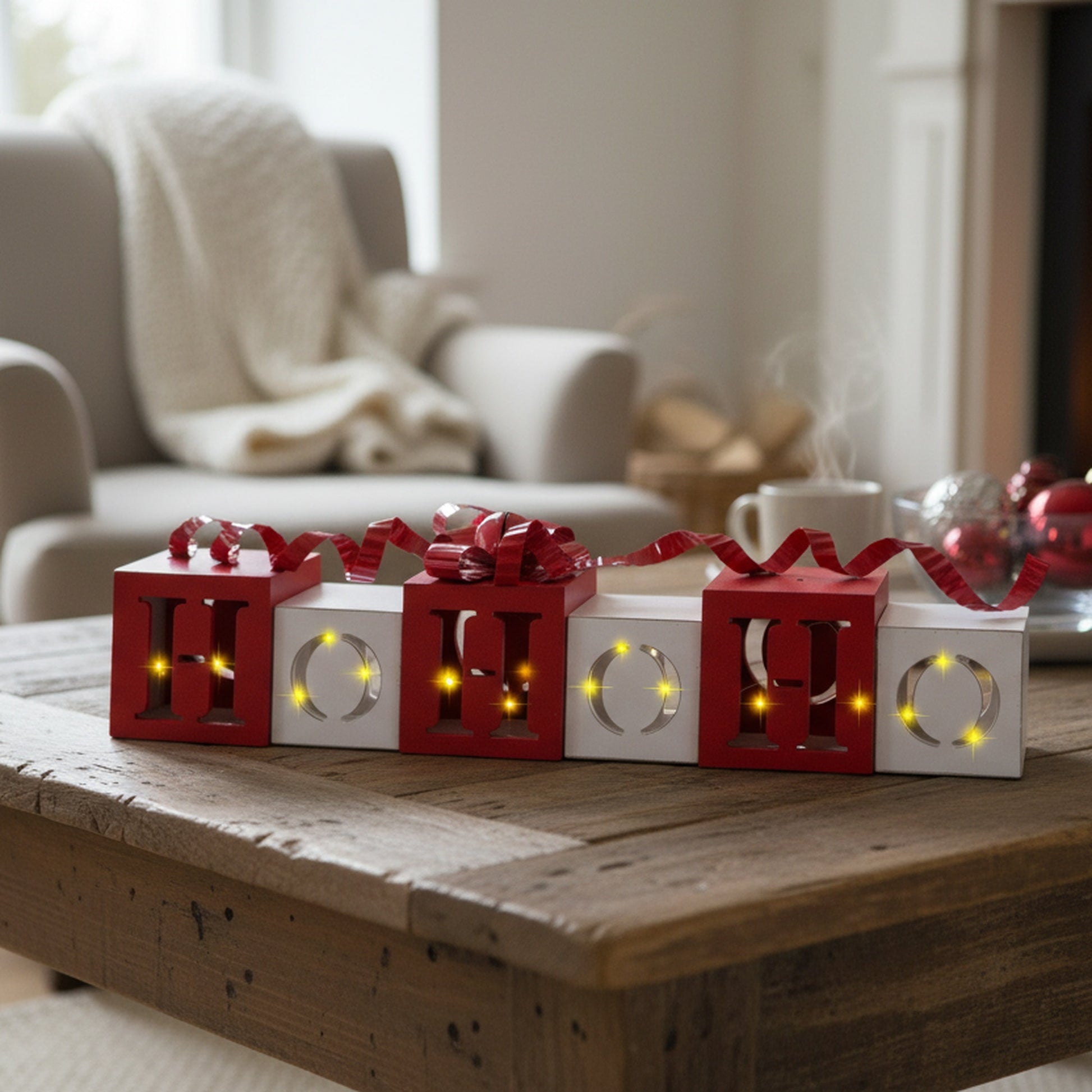 LED Red and White Wooden Decoration Ho Ho Ho, Holiday Decor