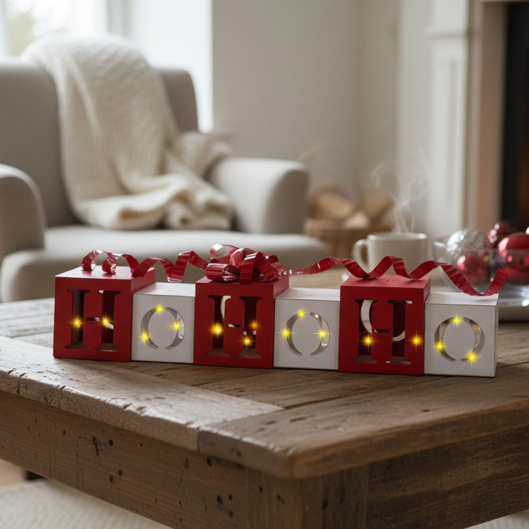 LED Red and White Wooden Decoration Ho Ho Ho, Holiday Decor