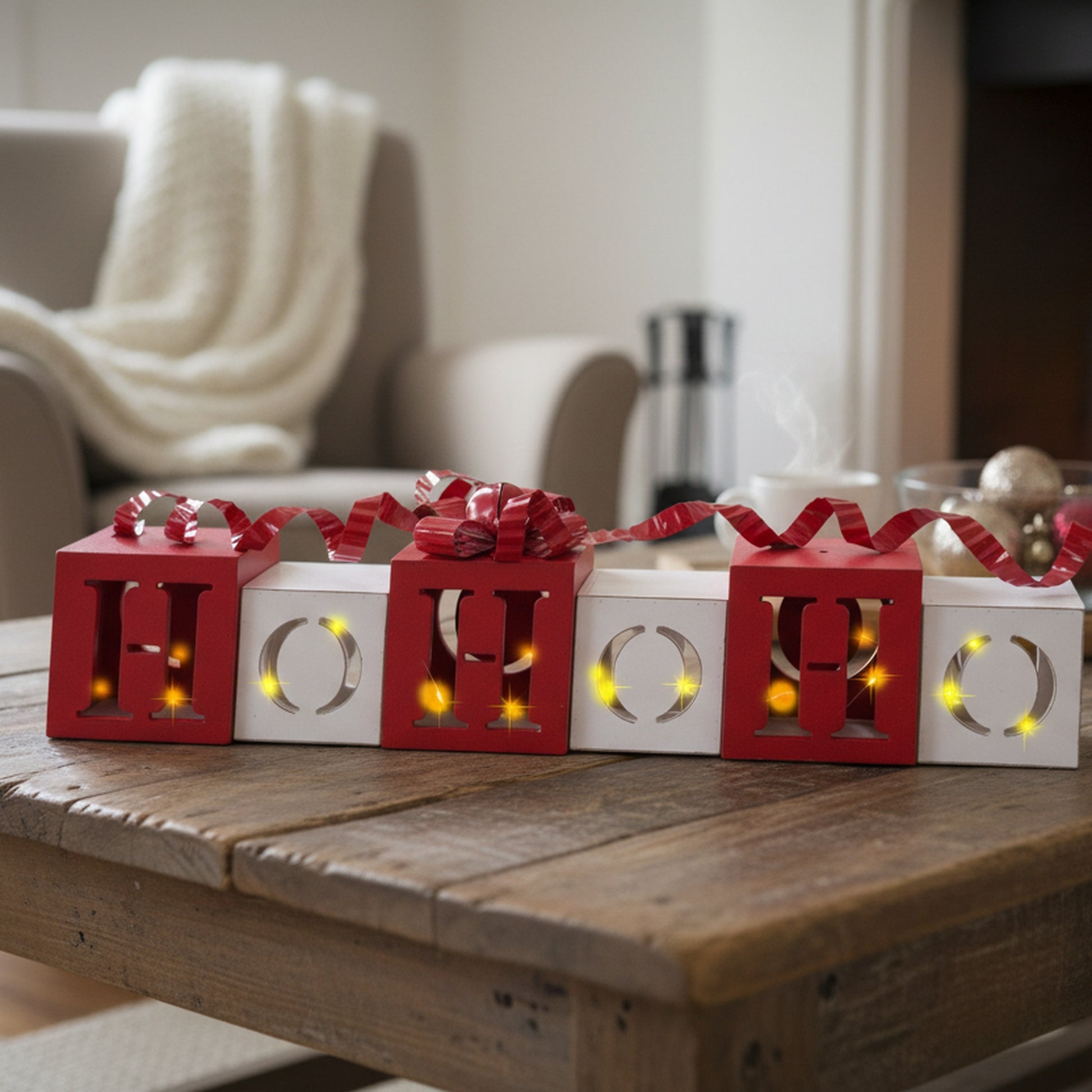 LED Red and White Wooden Decoration Ho Ho Ho, Holiday Decor