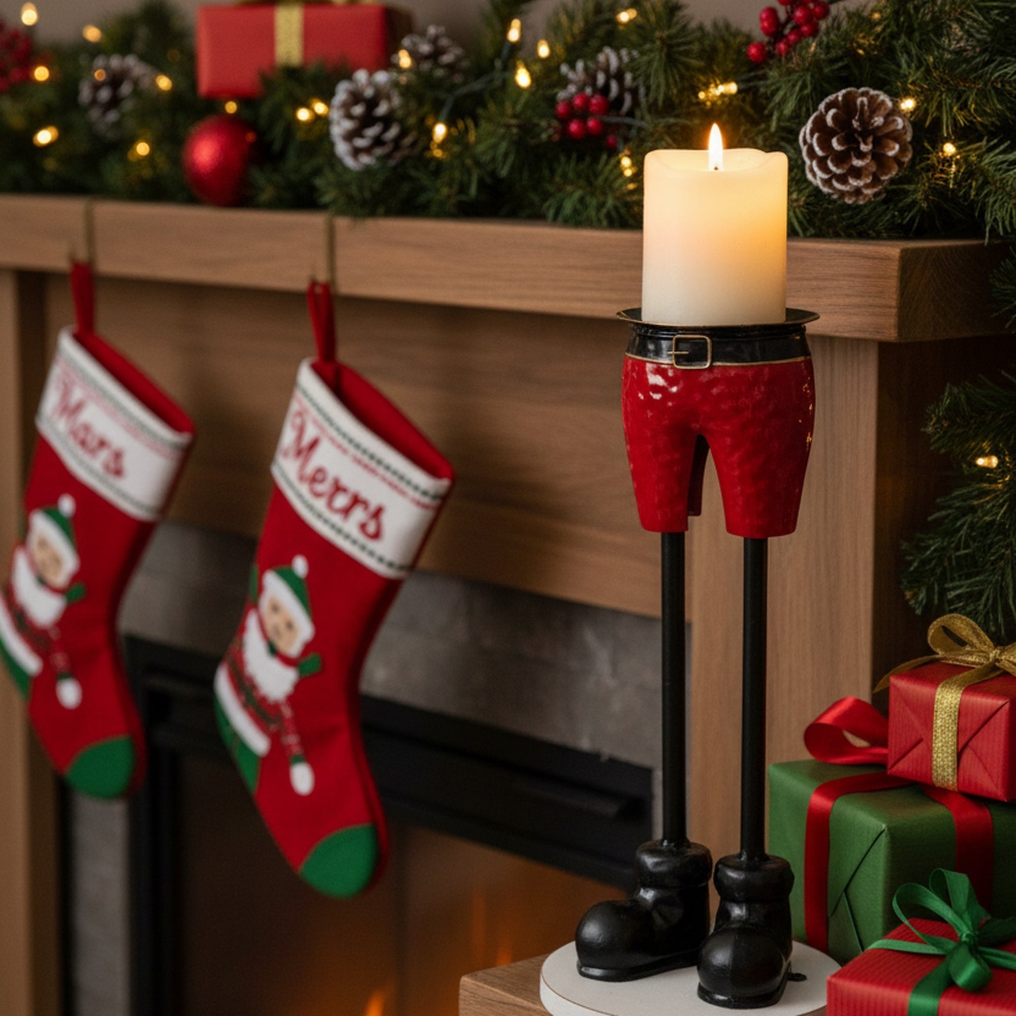 Red Shorts Metal Pillar Candle Holder Large, Decorative Candle, Holiday Decor