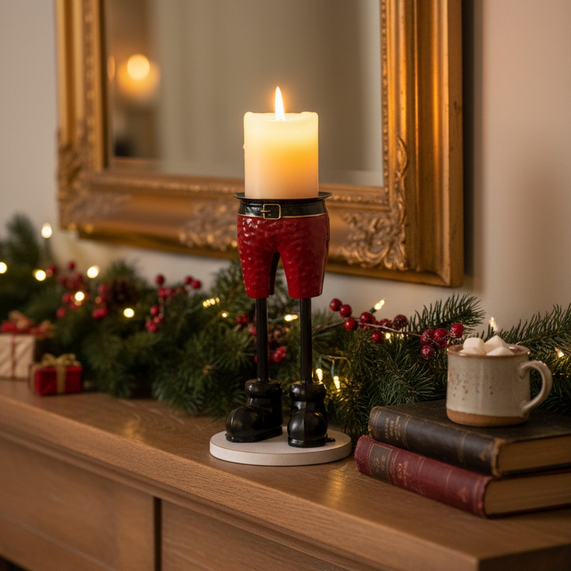Red Shorts Metal Pillar Candle Holder Small, Decorative Candle, Holiday Decor