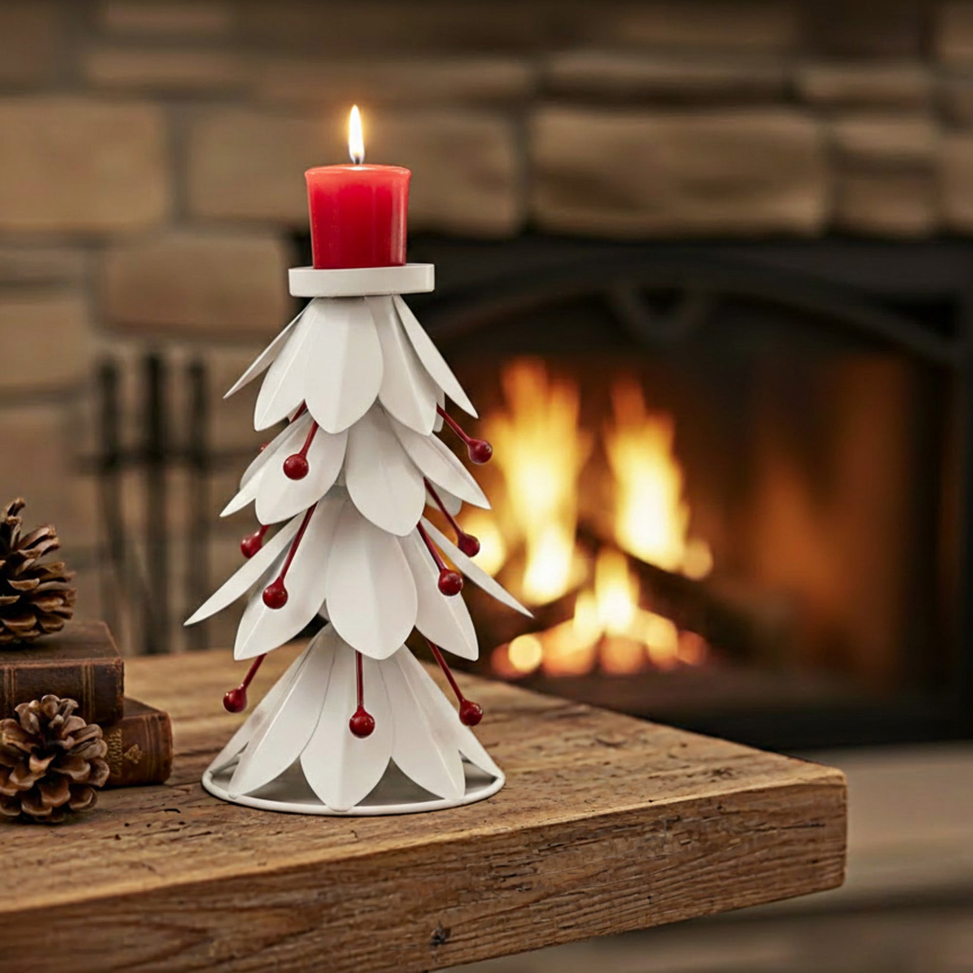 10.25" White Metal Tree with Berries Candle Holder, Christmas, Candle Holder, Holiday Decor