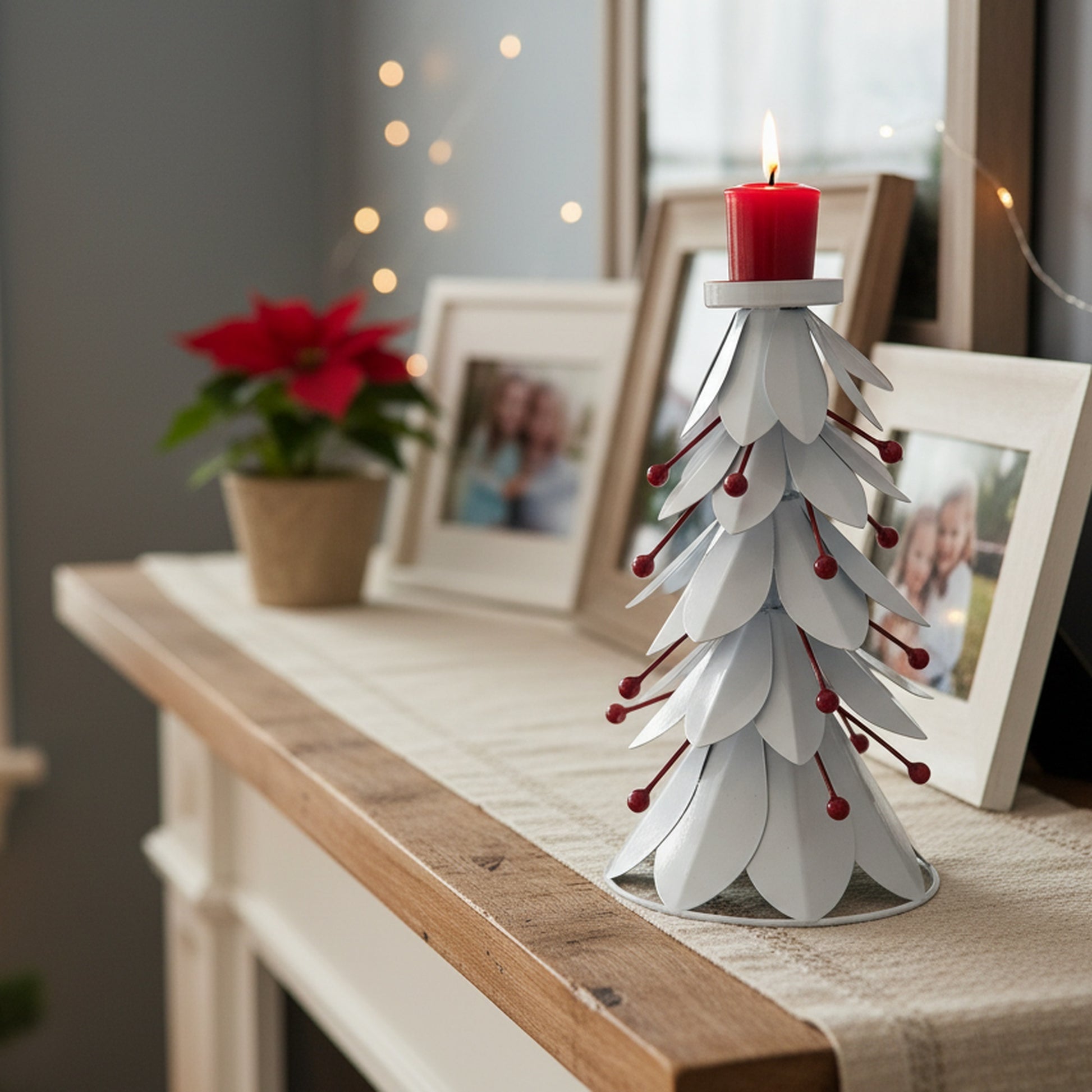 10.25" White Metal Tree with Berries Candle Holder, Christmas, Candle Holder, Holiday Decor