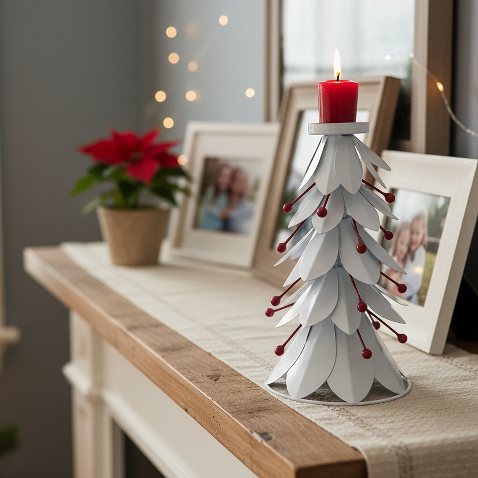 10.25" White Metal Tree with Berries Candle Holder, Christmas, Candle Holder, Holiday Decor