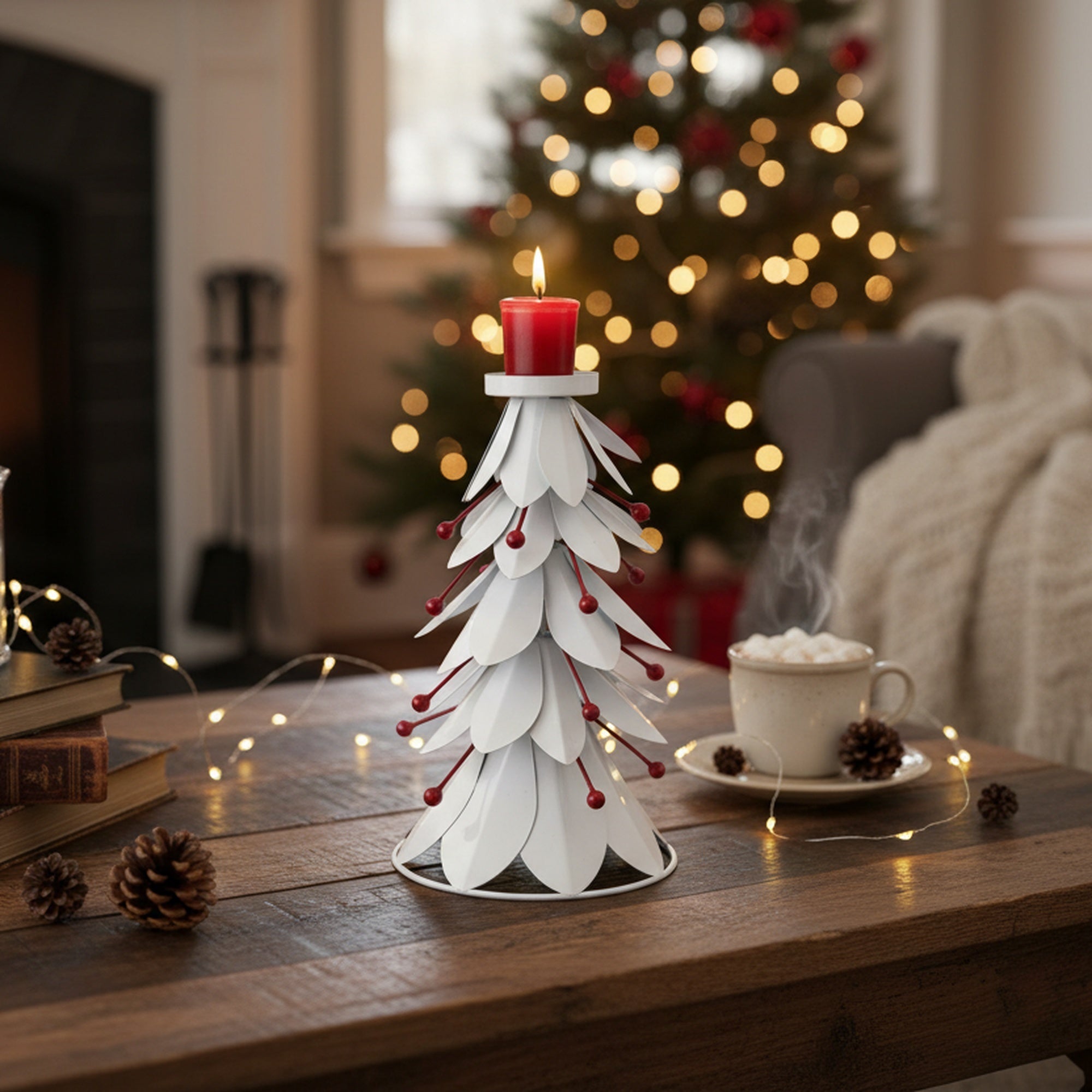 10.25" White Metal Tree with Berries Candle Holder, Christmas, Candle Holder, Holiday Decor