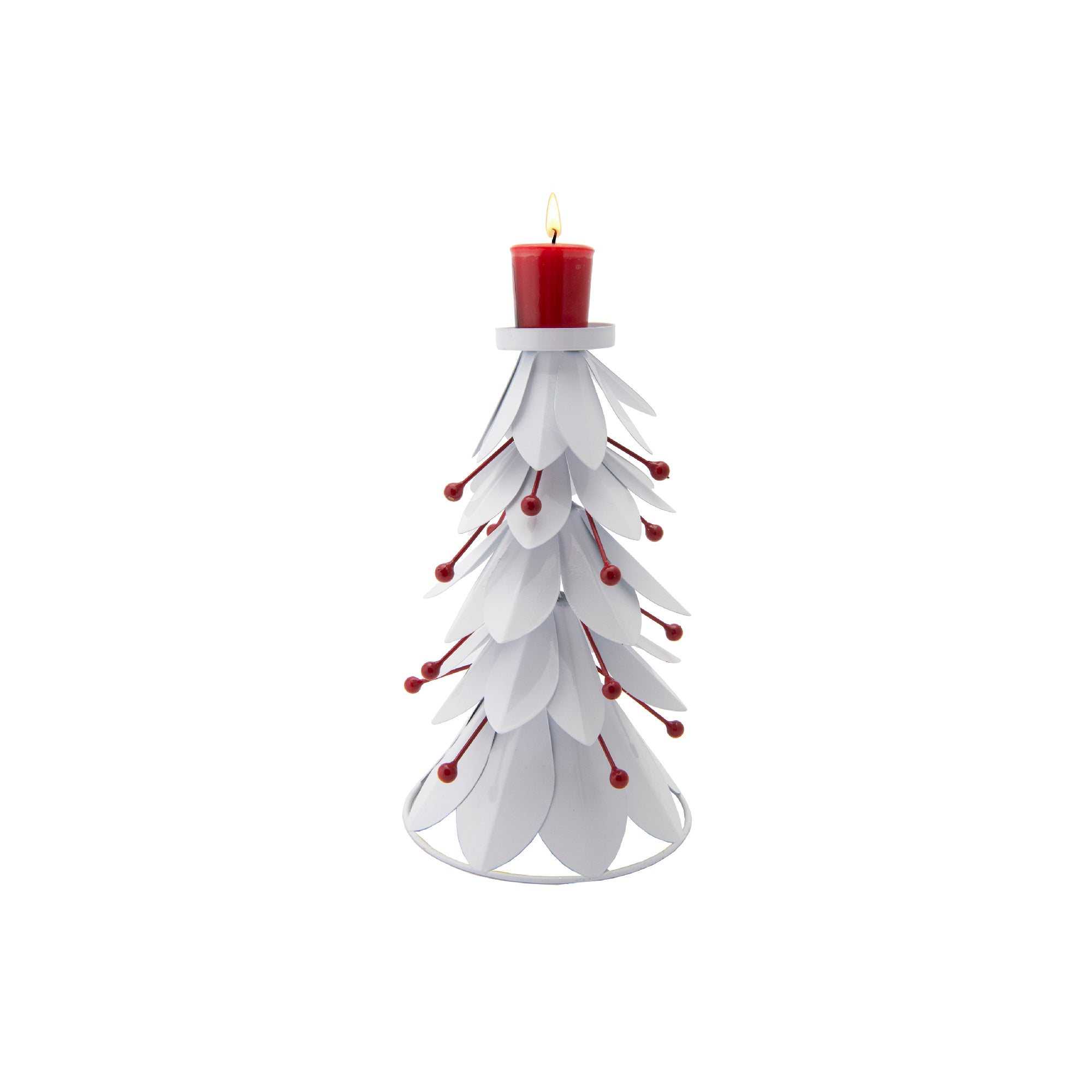 10.25" White Metal Tree with Berries Candle Holder, Christmas, Candle Holder, Holiday Decor