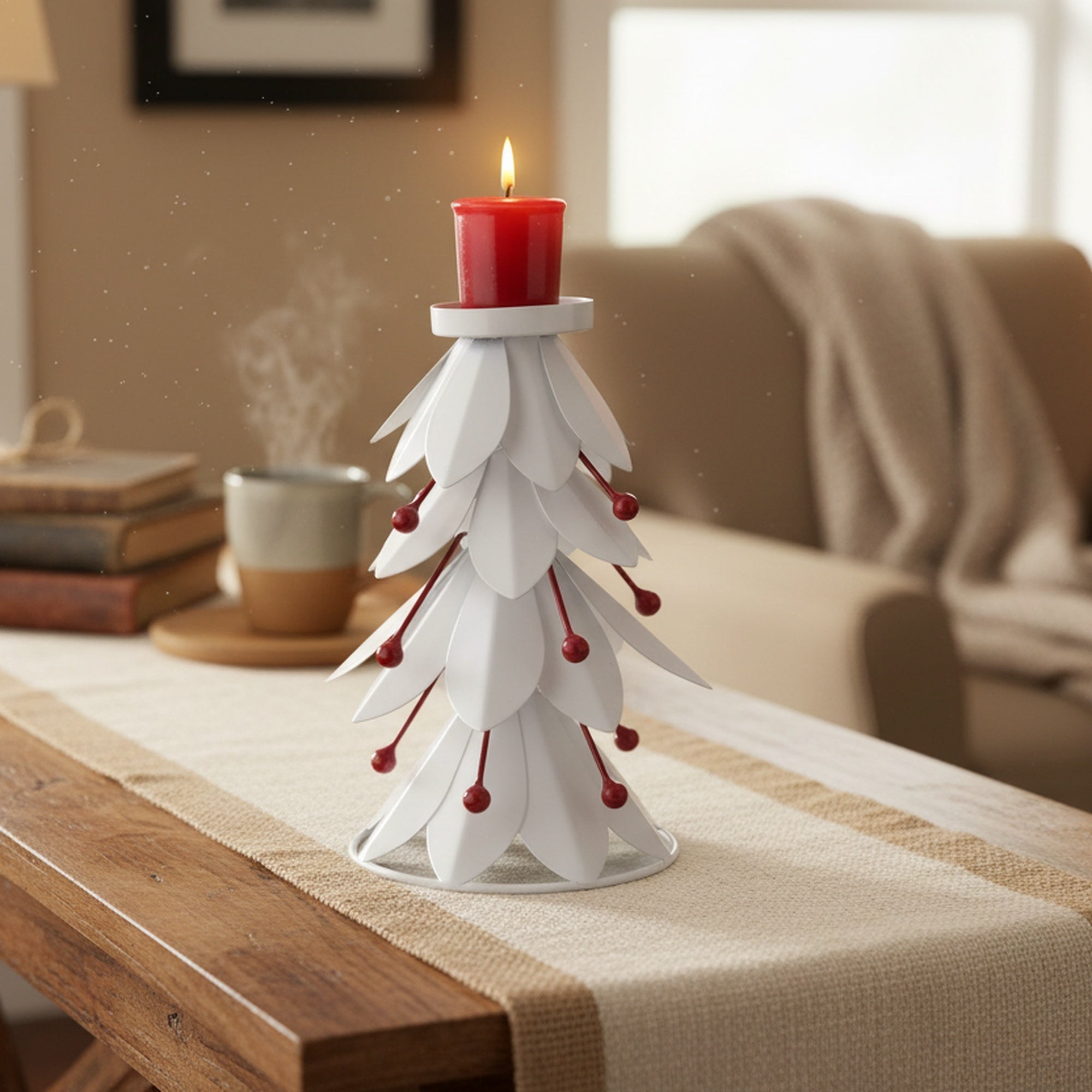 8.5" White Metal Tree with Berries Candle Holder, Christmas, Candle Holder, Holiday Decor