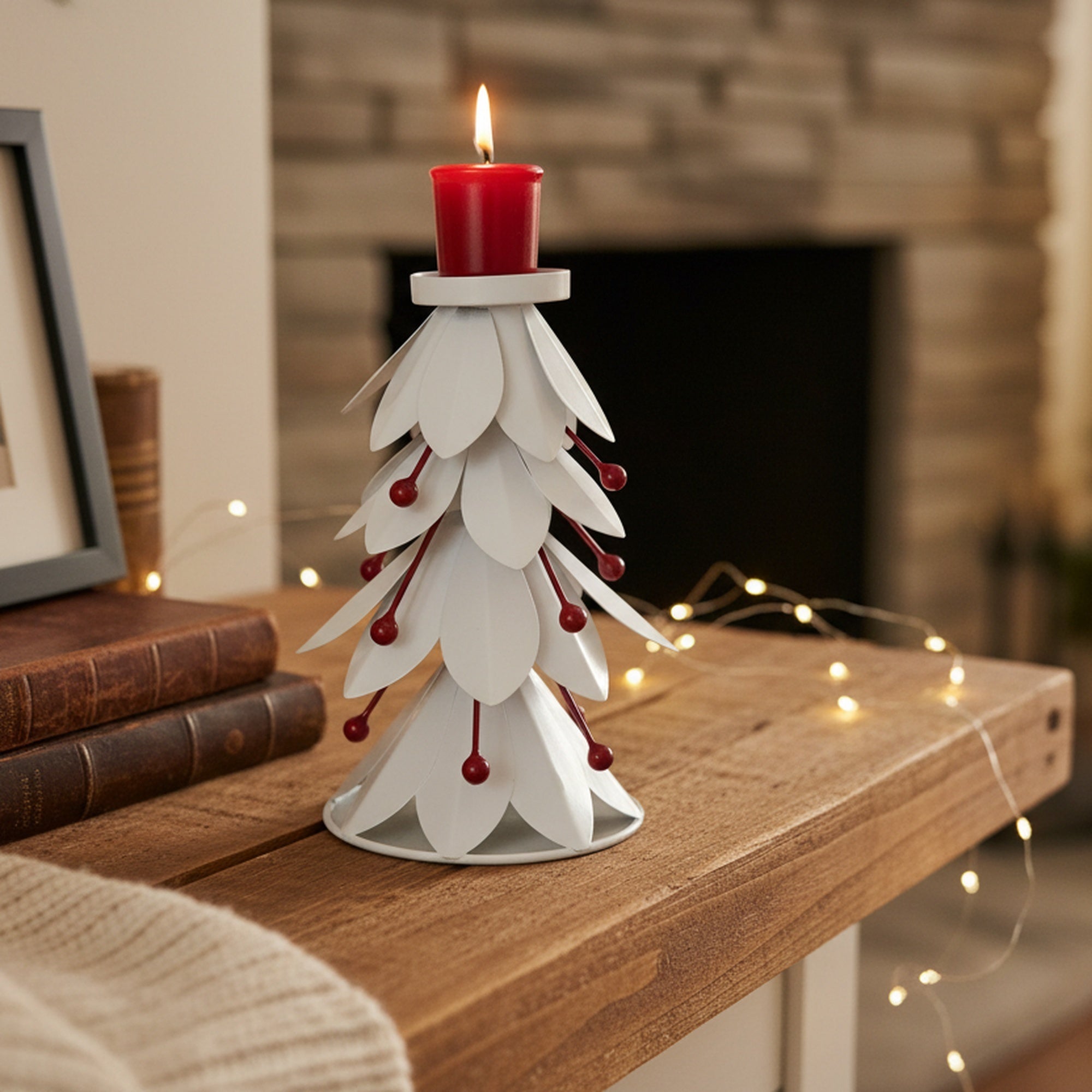 8.5" White Metal Tree with Berries Candle Holder, Christmas, Candle Holder, Holiday Decor