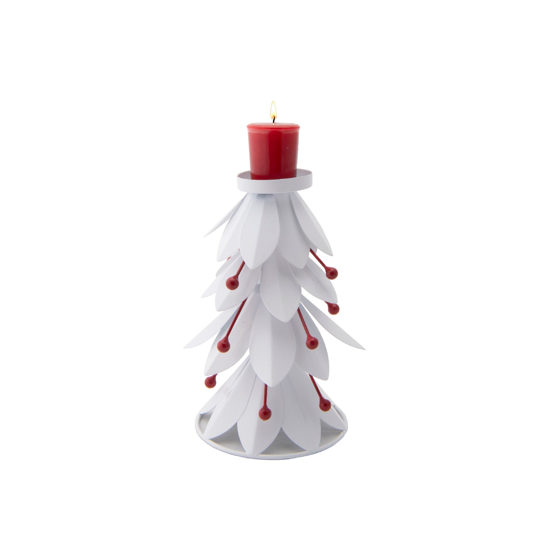 8.5" White Metal Tree with Berries Candle Holder, Christmas, Candle Holder, Holiday Decor