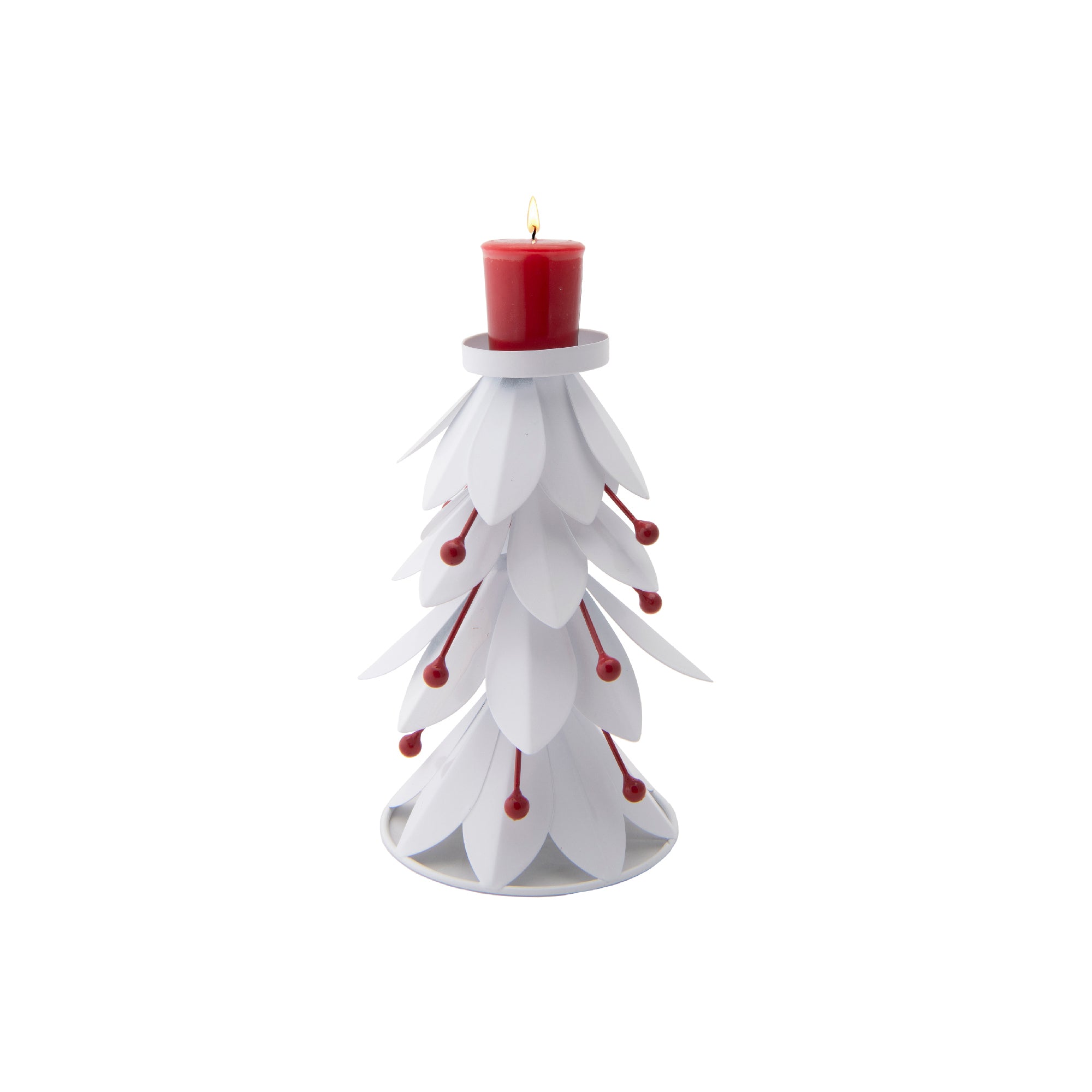 8.5" White Metal Tree with Berries Candle Holder, Christmas, Candle Holder, Holiday Decor