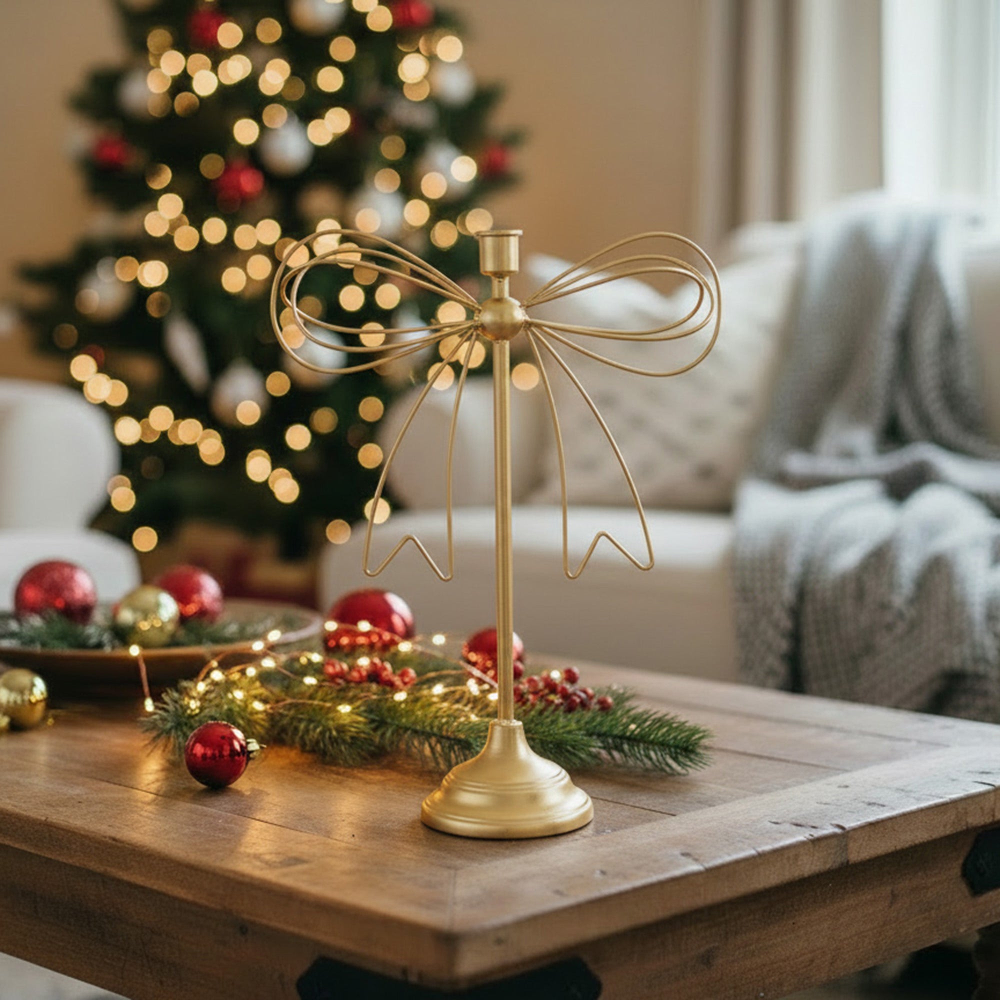 Gold Metal Bow Taper Candle Holder, Decorative Candle, Holiday Decor
