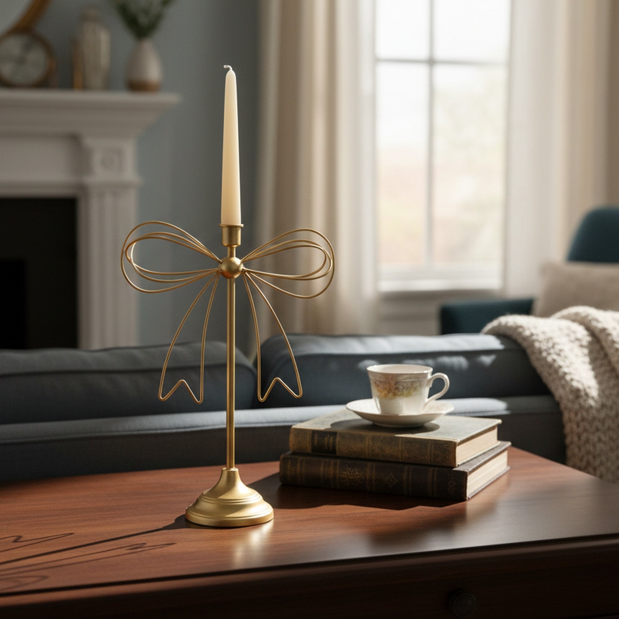 Gold Metal Bow Taper Candle Holder, Decorative Candle, Holiday Decor