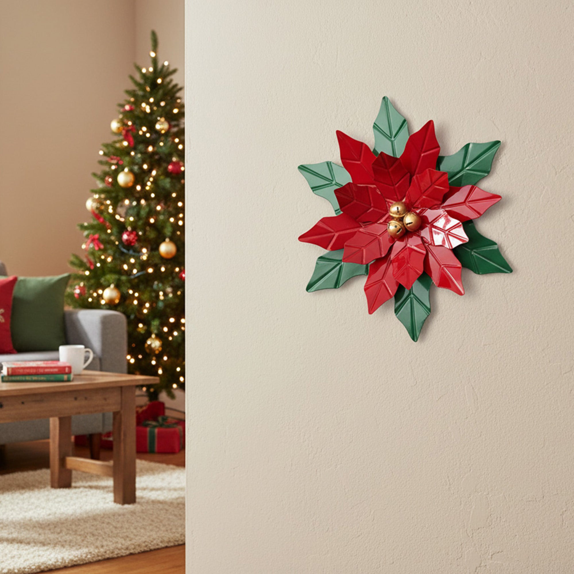 Metal Poinsettia with Jingle Bells Decor, Christmas, Jingle Bells, Holiday Decor