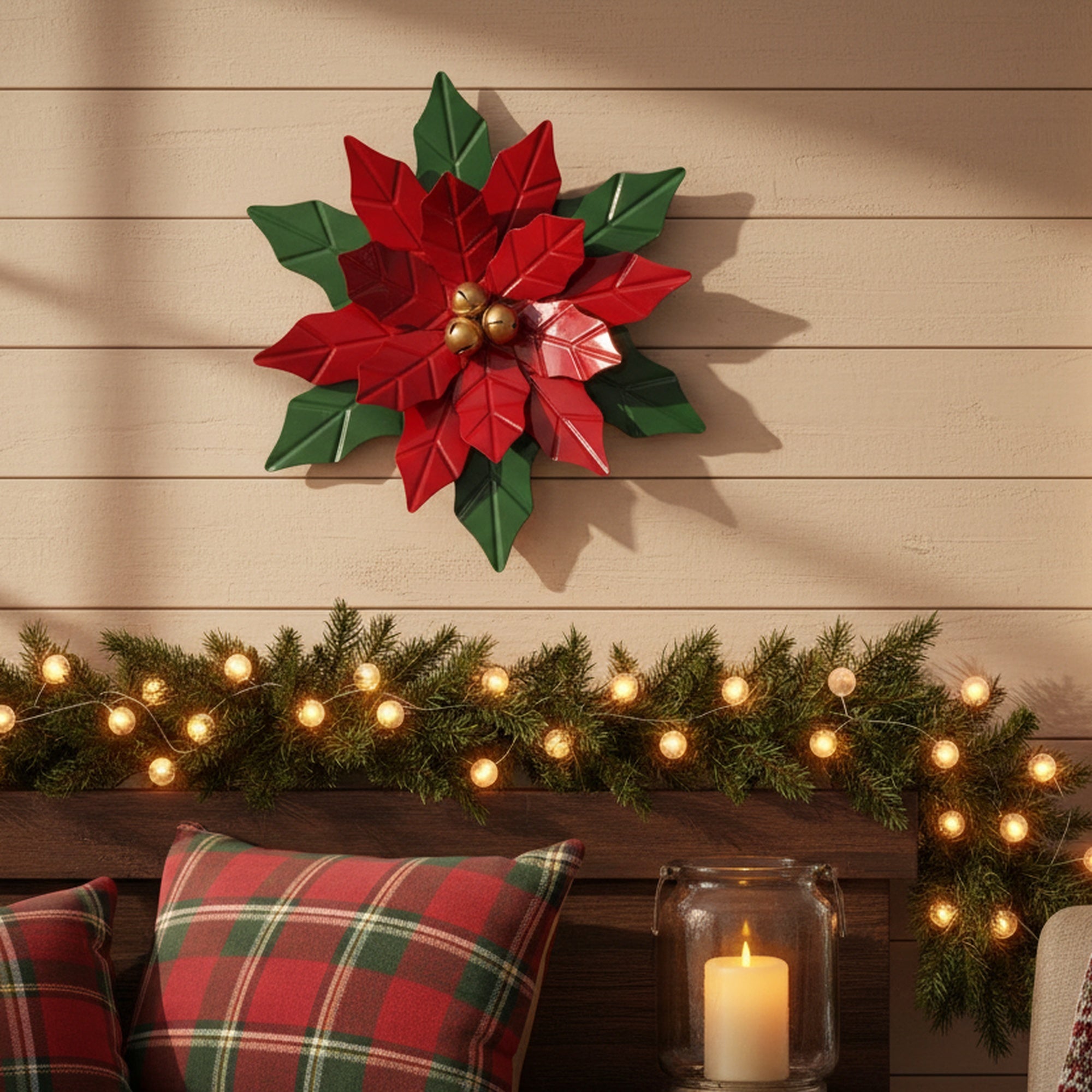 Metal Poinsettia with Jingle Bells Decor, Christmas, Jingle Bells, Holiday Decor