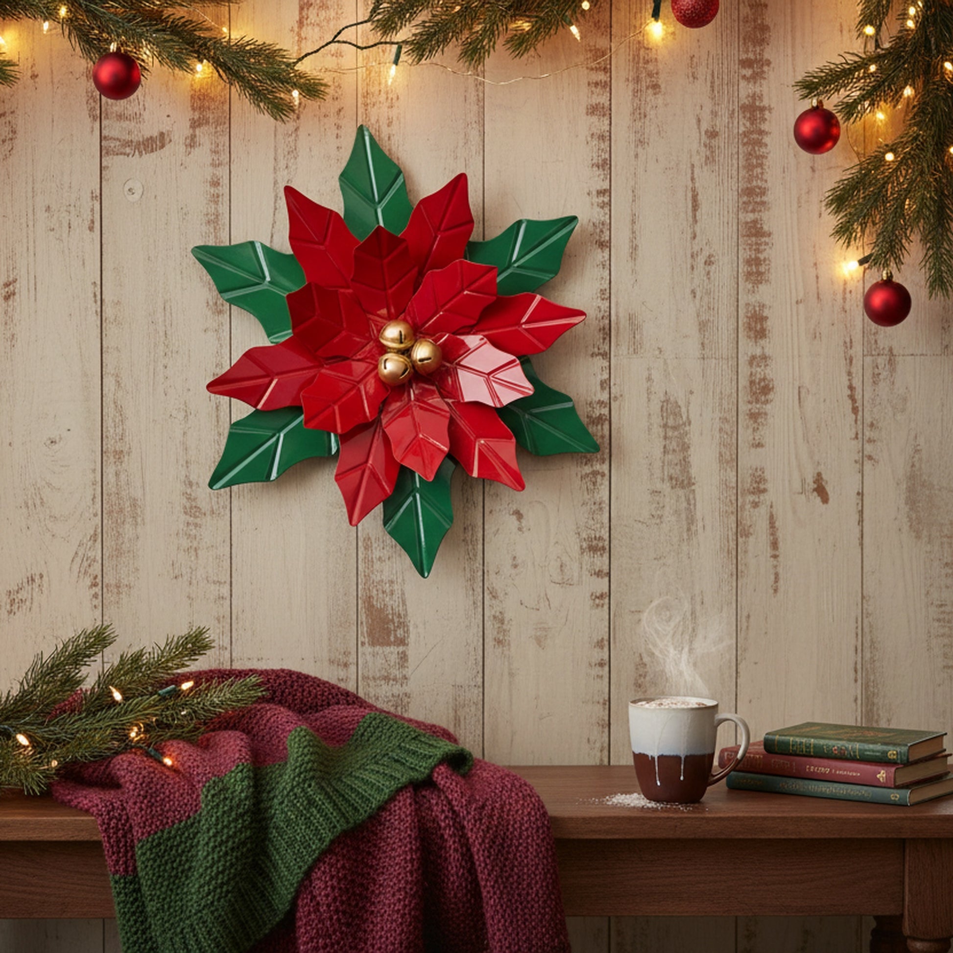 Metal Poinsettia with Jingle Bells Decor, Christmas, Jingle Bells, Holiday Decor