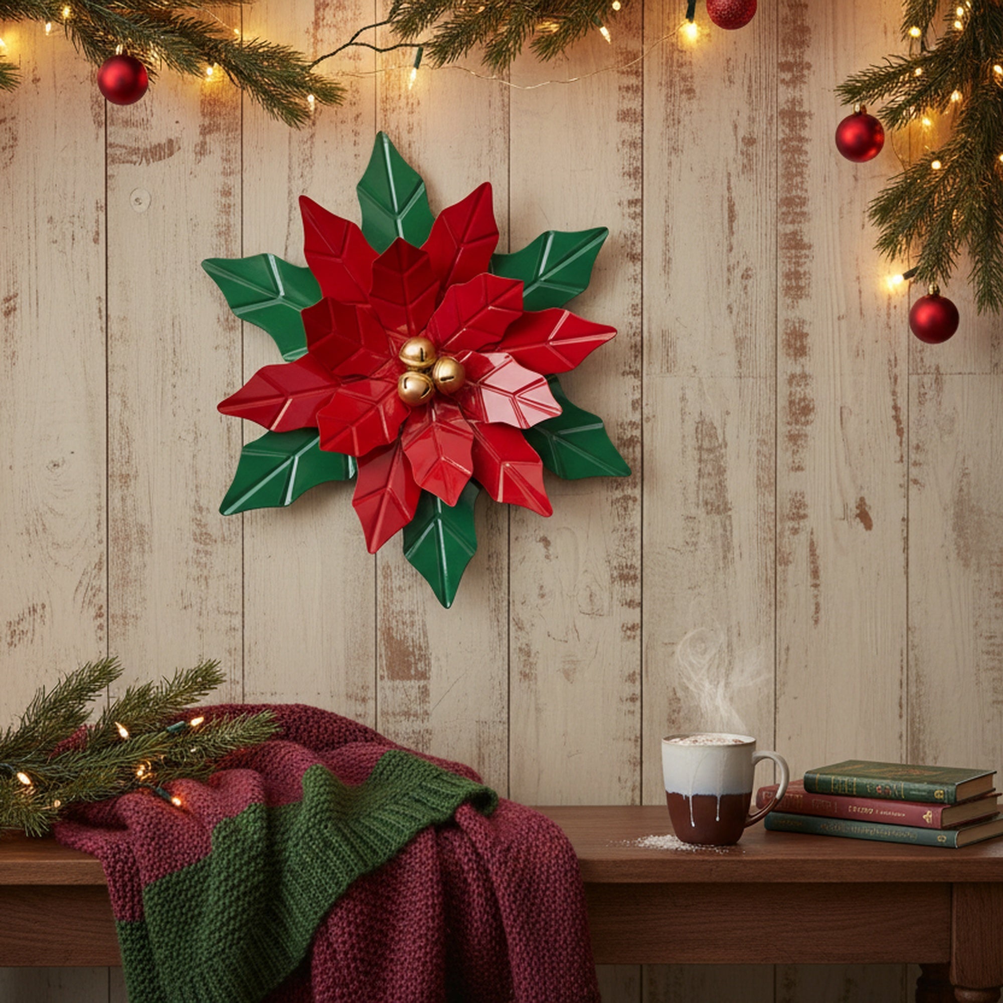 Metal Poinsettia with Jingle Bells Decor, Christmas, Jingle Bells, Holiday Decor