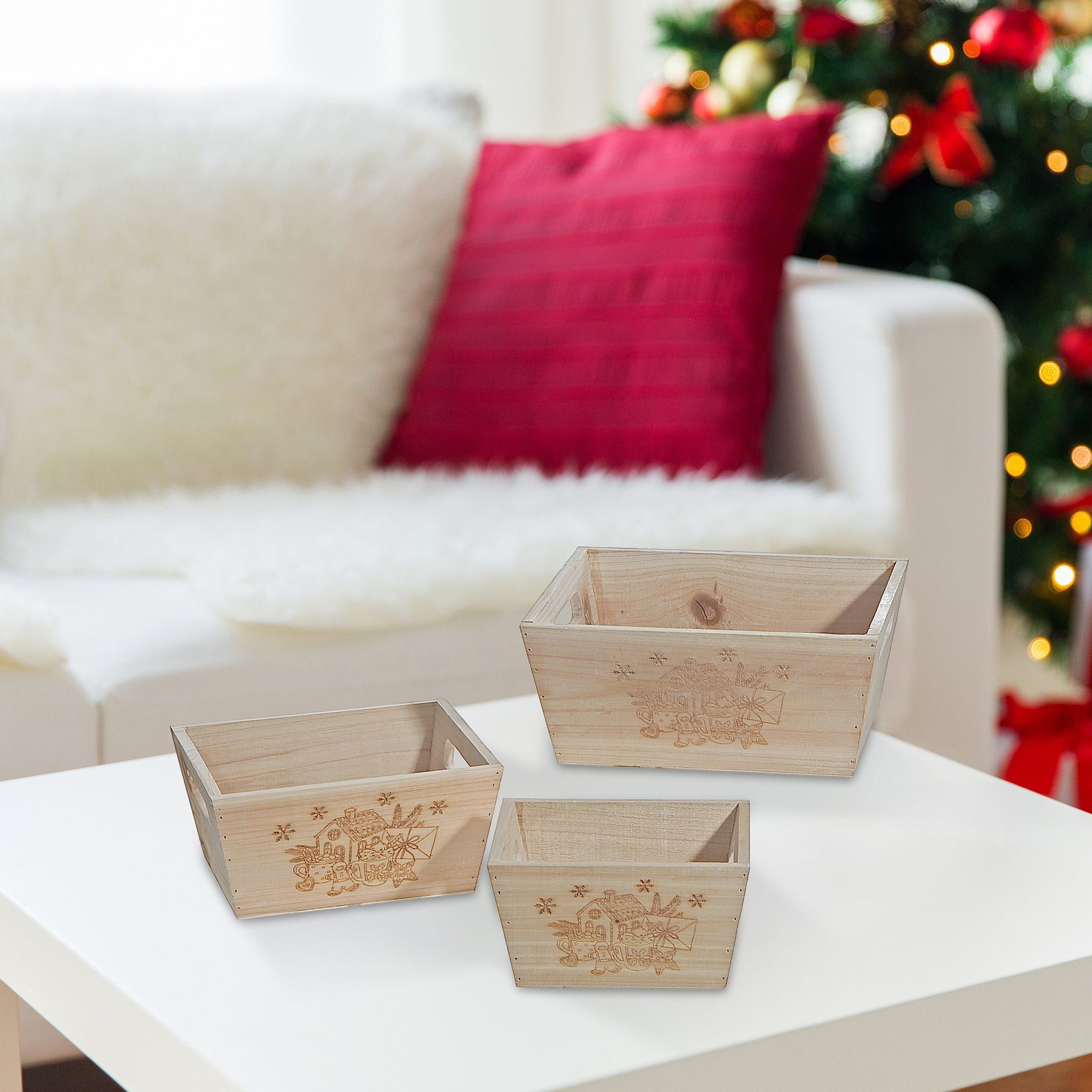 Nesting Natural Wood Square Planter Set of 3 Gingerbread House – Christmas Tabletop Decoration, Holiday Planter, Festive Winter Accent