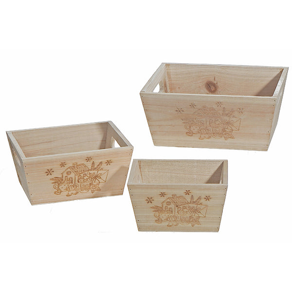 Set Of 3 Nesting Natural Wood Square Planter (Gingerbread House)