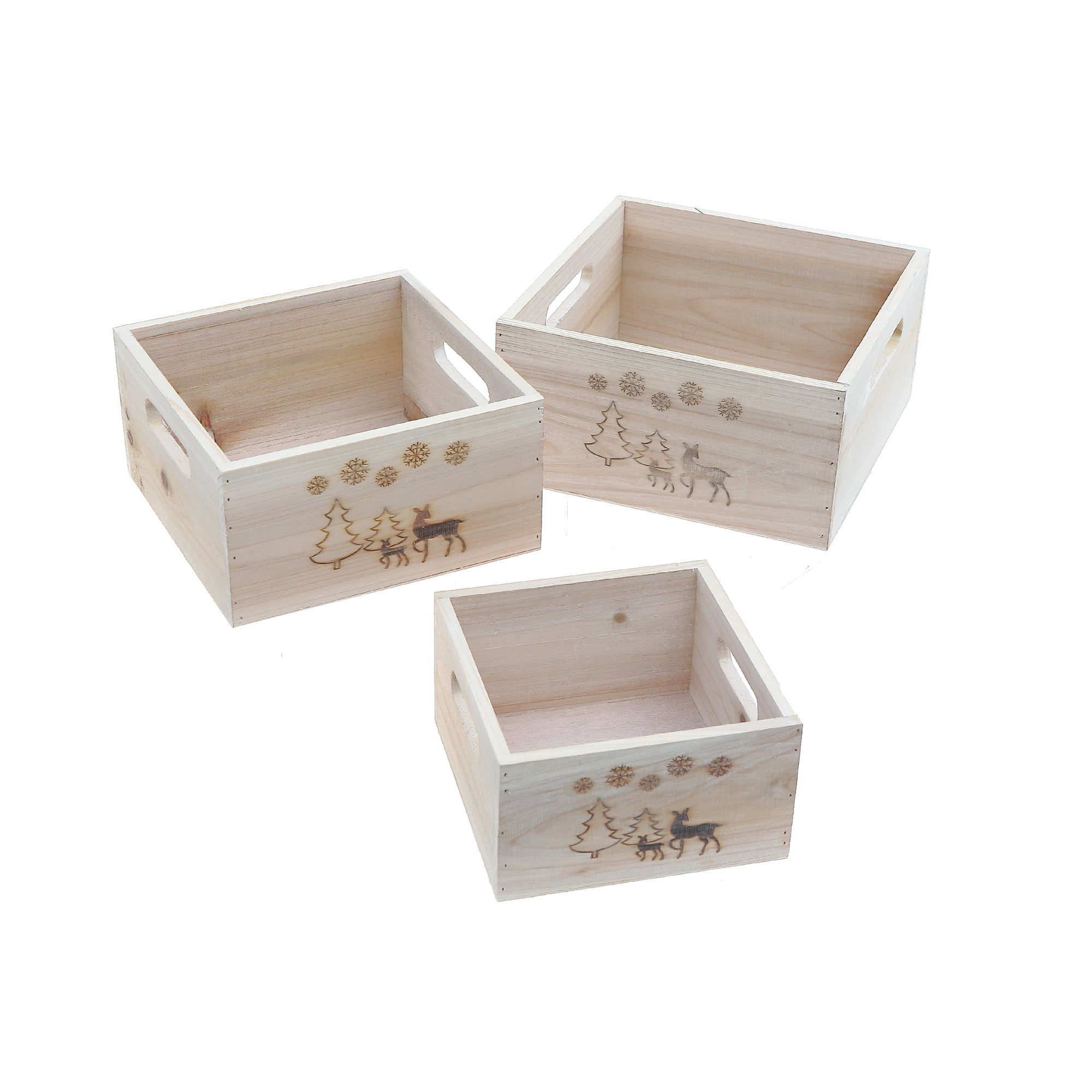 Nesting Natural Wood Square Planter Set of 3 Reindeer – Christmas Tabletop Decoration, Holiday Planter, Festive Winter Accent