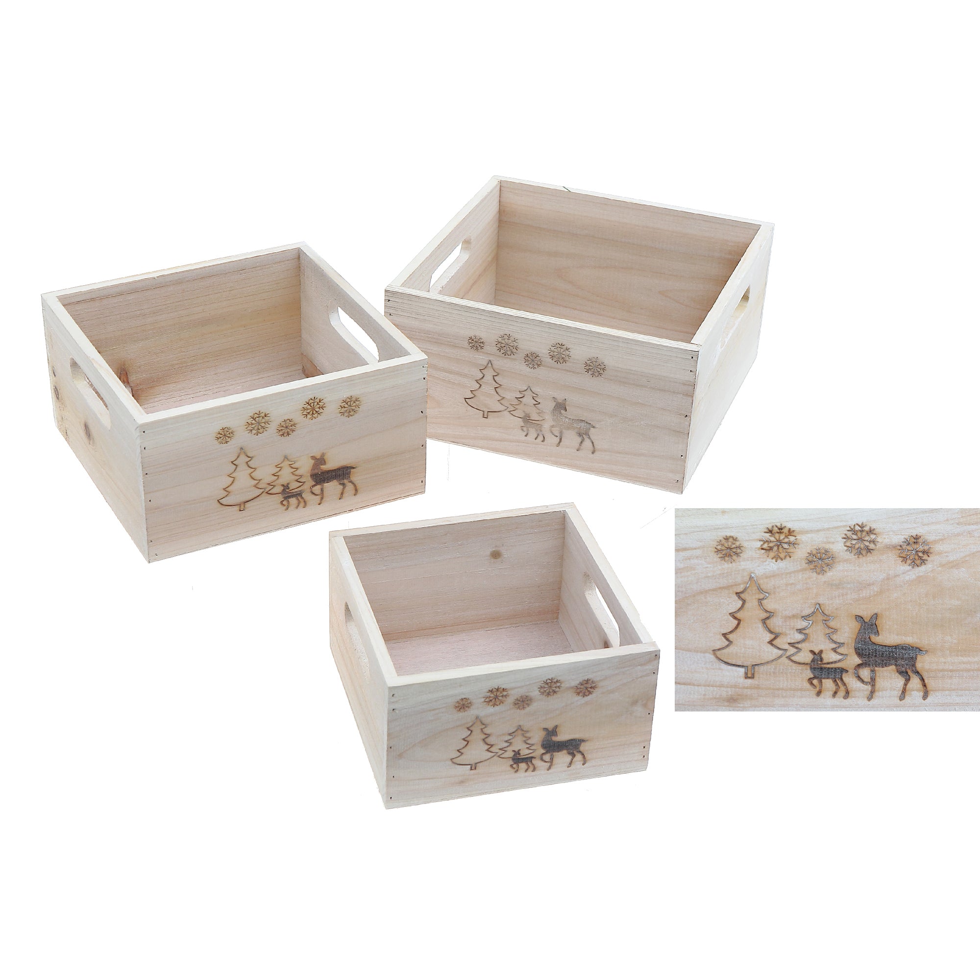 Nesting Natural Wood Square Planter Set of 3 Reindeer – Christmas Tabletop Decoration, Holiday Planter, Festive Winter Accent