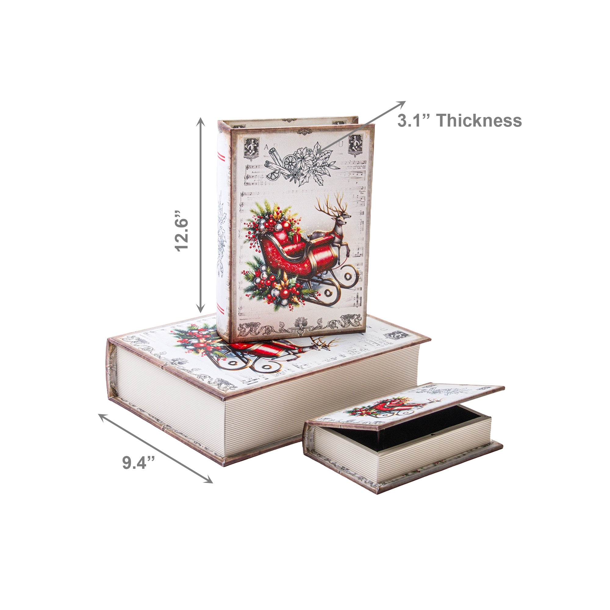 Storage Book Sleigh & Reindeer Set of 3, Christmas, Storage Box, Holiday Decor